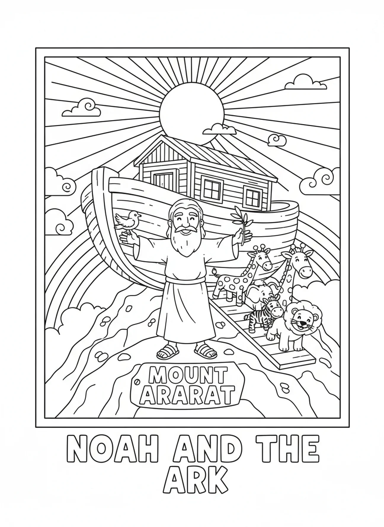 Noé sur le mont Ararat, page à colorier sur le mont Ararat pour les enfants de 5 à 10 ans