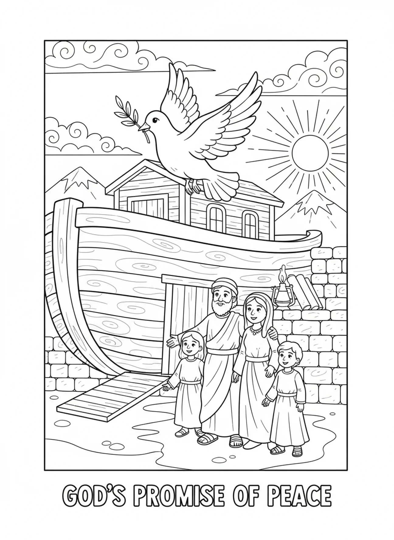 Taube mit einem Olivenzweig, Ausmalbild vom Berg Ararat für Sonntagsschulkinder im Alter von 5-12 Jahren