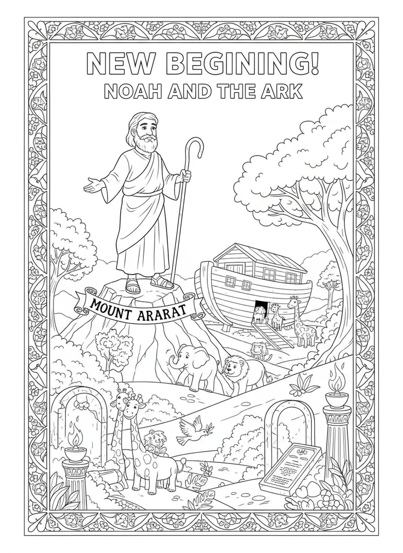 Noah, der die Arche überblickt, Ausmalbild vom Berg Ararat für Kinder in der Sonntagsschule im Alter von 5-12 Jahren