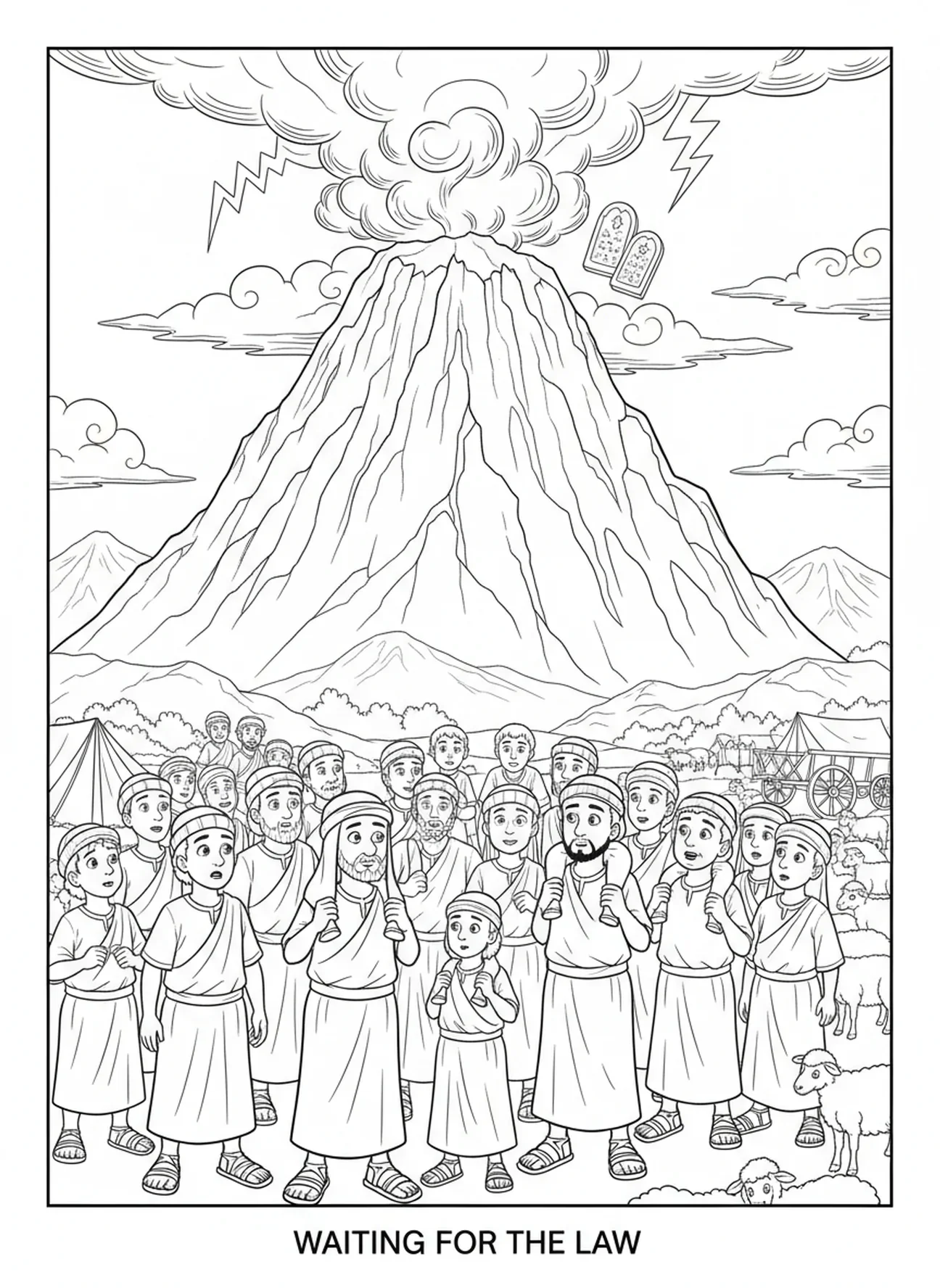 Israelitas esperando, página para colorir do Monte Sinai para crianças de 5 a 10 anos.