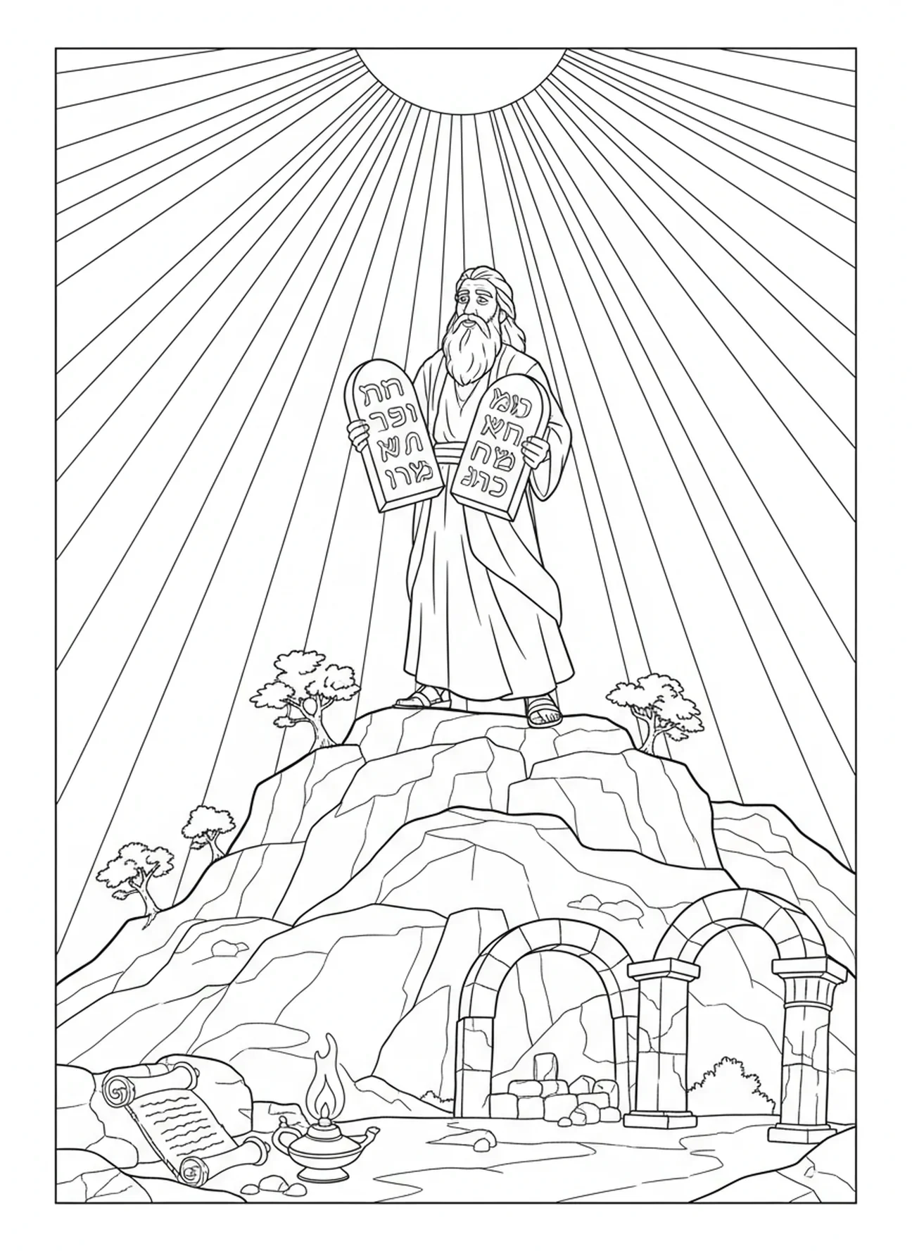 Moïse recevant les tables de la loi, page à colorier pour les enfants de l'École du dimanche âgés de 5 à 12 ans.