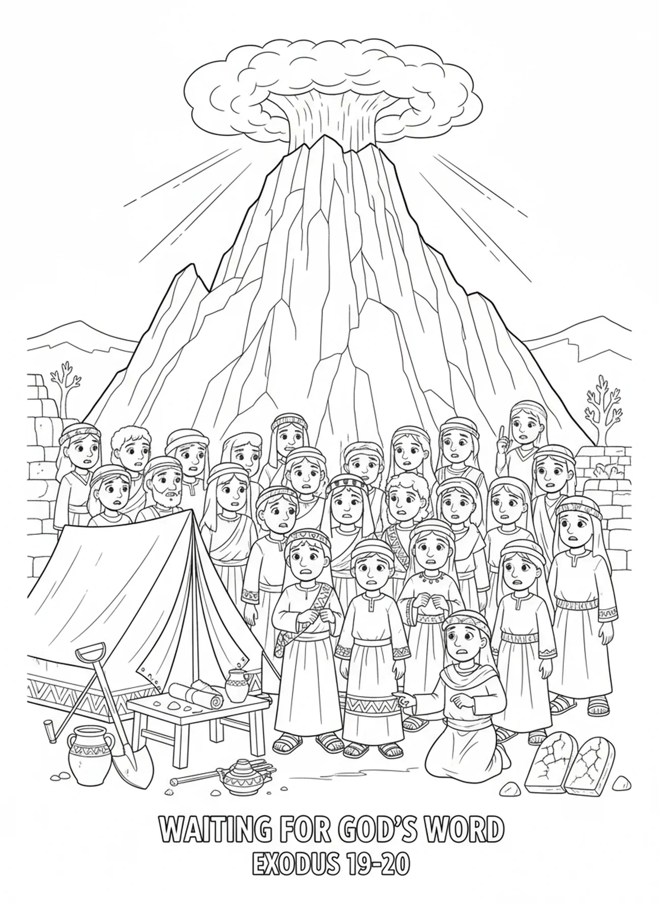 Israélites attendant en bas, page à colorier du Mont Sinaï pour les enfants de l'École du dimanche âgés de 5 à 12 ans.
