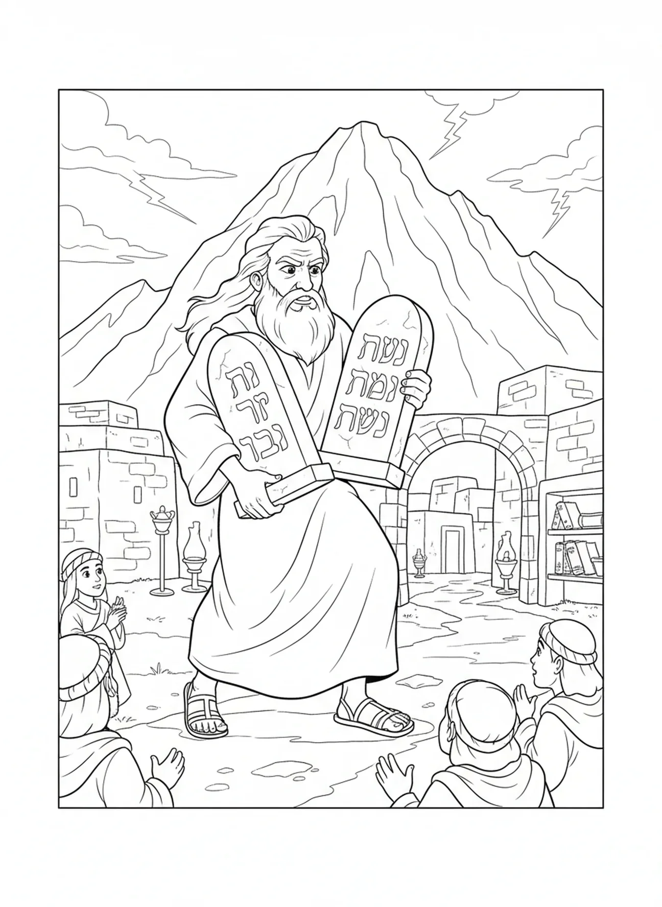 Moïse descendant avec les tables, page à colorier du Mont Sinaï pour les enfants de l'École du dimanche âgés de 5 à 12 ans.