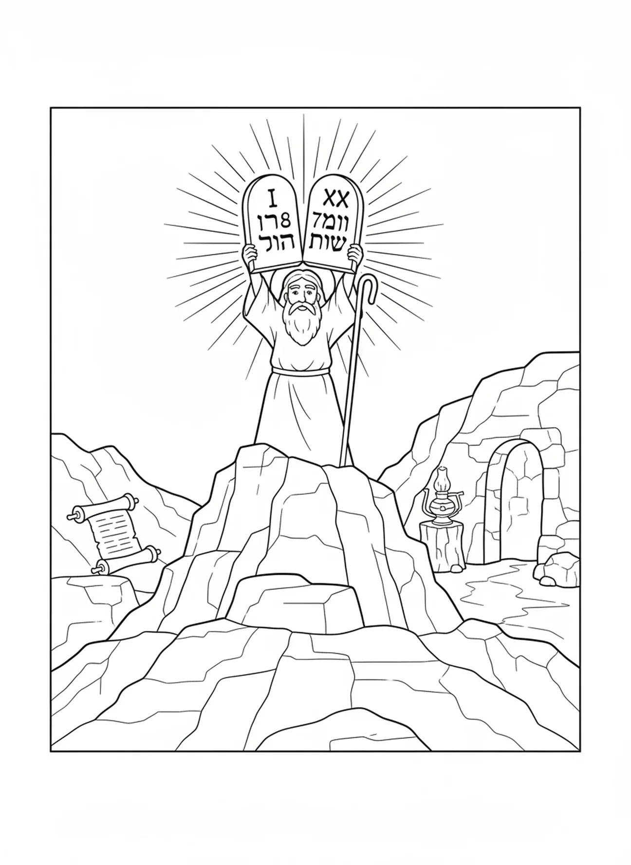 Moïse tenant les tables de la loi, page à colorier du Mont Sinaï pour les enfants de l'École du dimanche âgés de 5 à 12 ans.