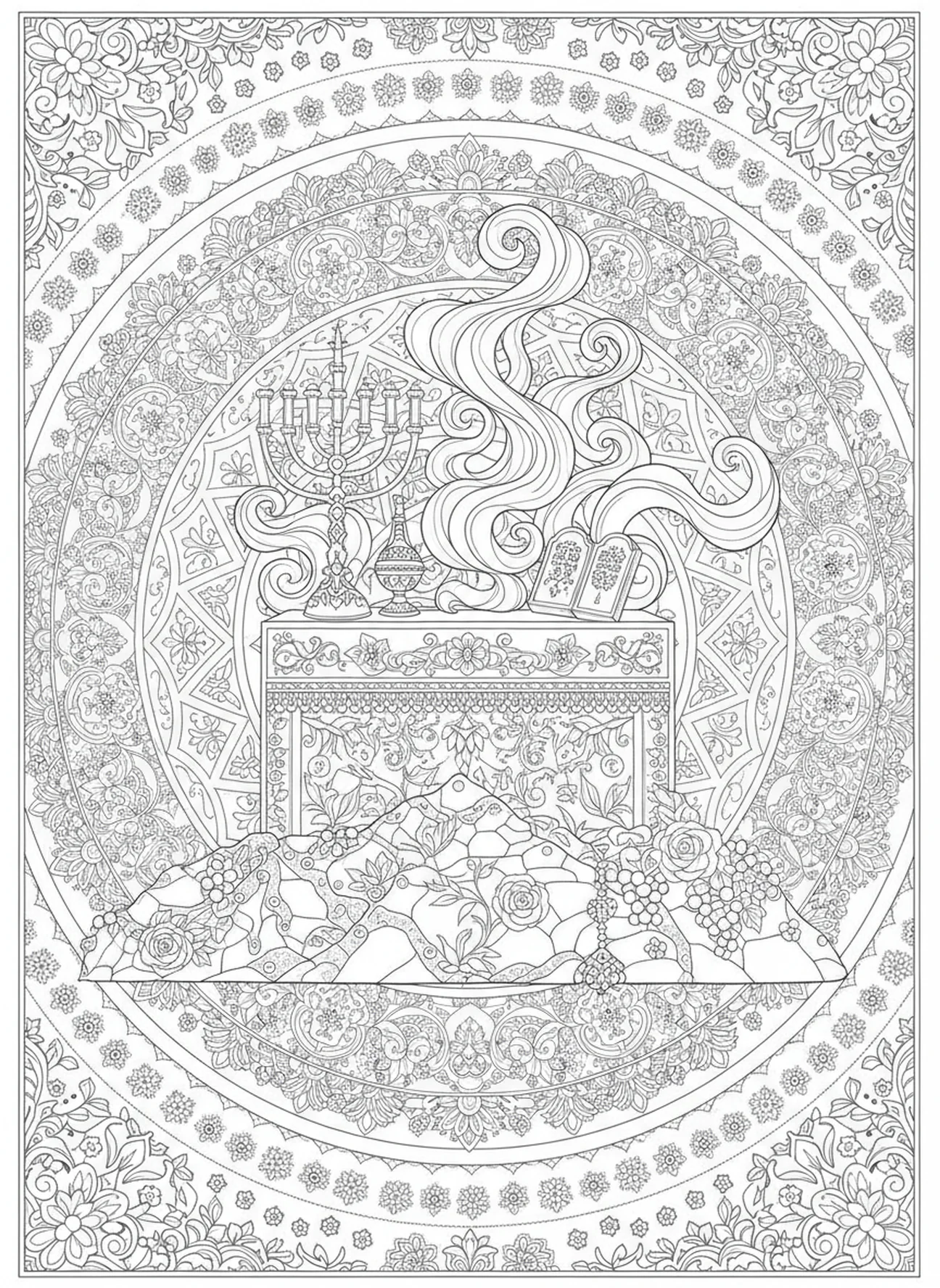 Aufwendiger Opferaltar, Ausmalbild vom Berg Zion im Stil des Bibeljournaling für Erwachsene.