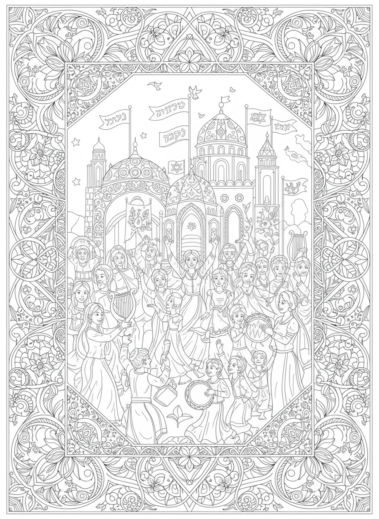 Lebhaftes Fest am Berg Zion, Ausmalbild für Erwachsene im Stil des Bibeljournaling.