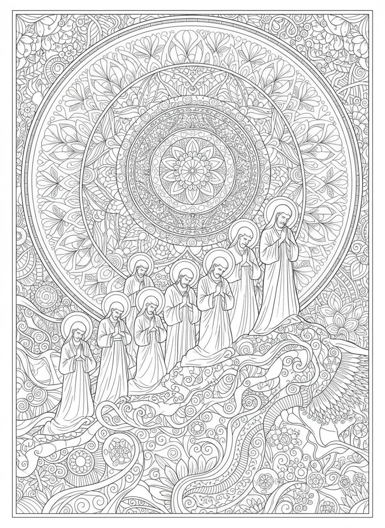 Gruppe heiliger Figuren, die beten, Ausmalbild vom Berg Zion im Stil des Bibeljournaling für Erwachsene.
