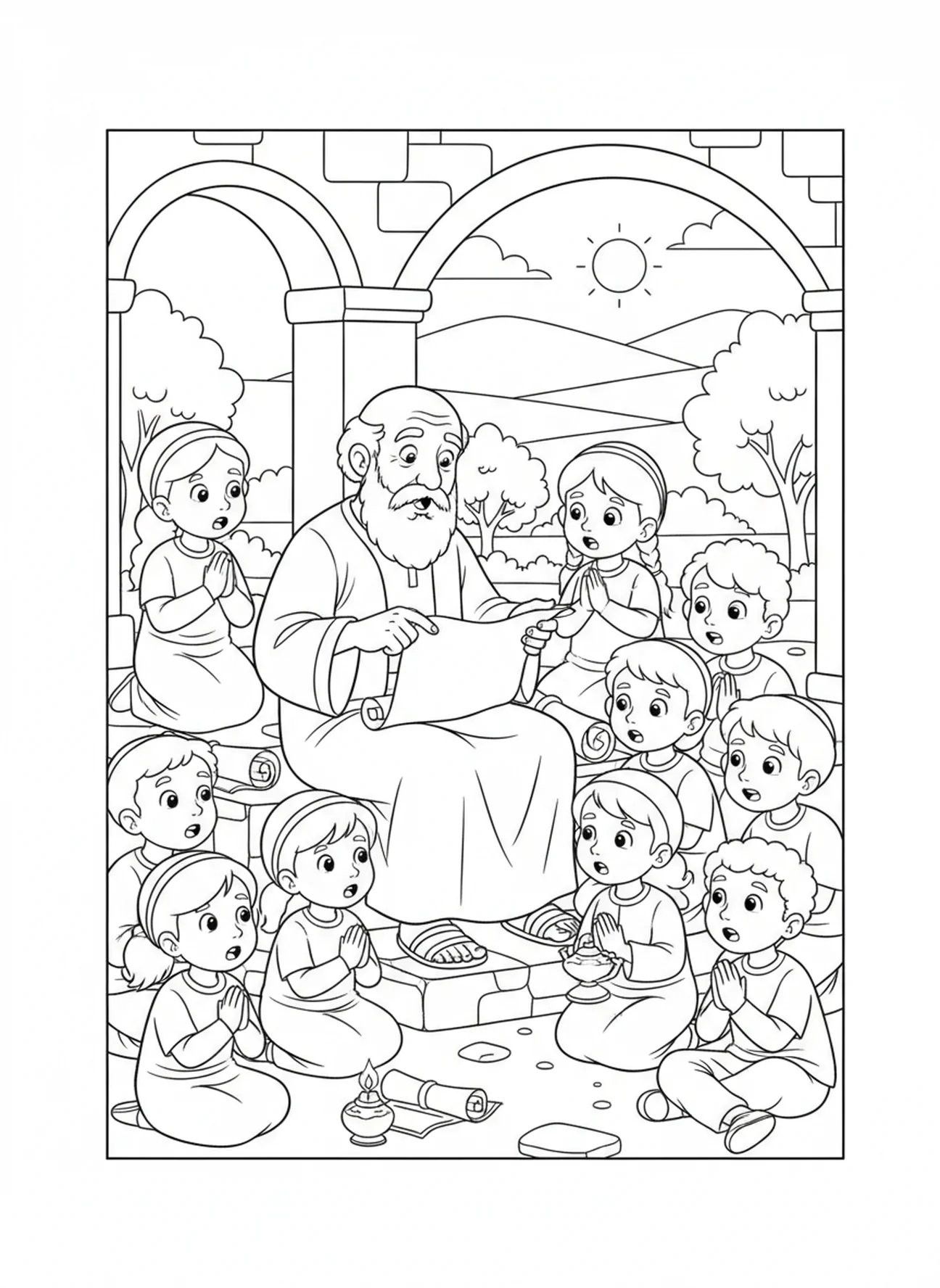 Enseignant sage avec des rouleaux, page à colorier du Mont Sion pour les enfants de l'École du dimanche âgés de 5 à 12 ans