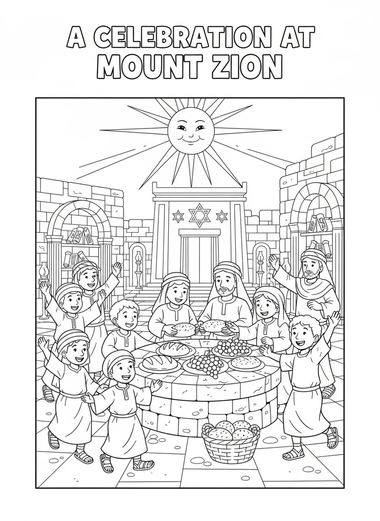 Des personnes dansant et partageant du pain, page à colorier du Mont Sion pour les enfants de l'École du dimanche âgés de 5 à 12 ans