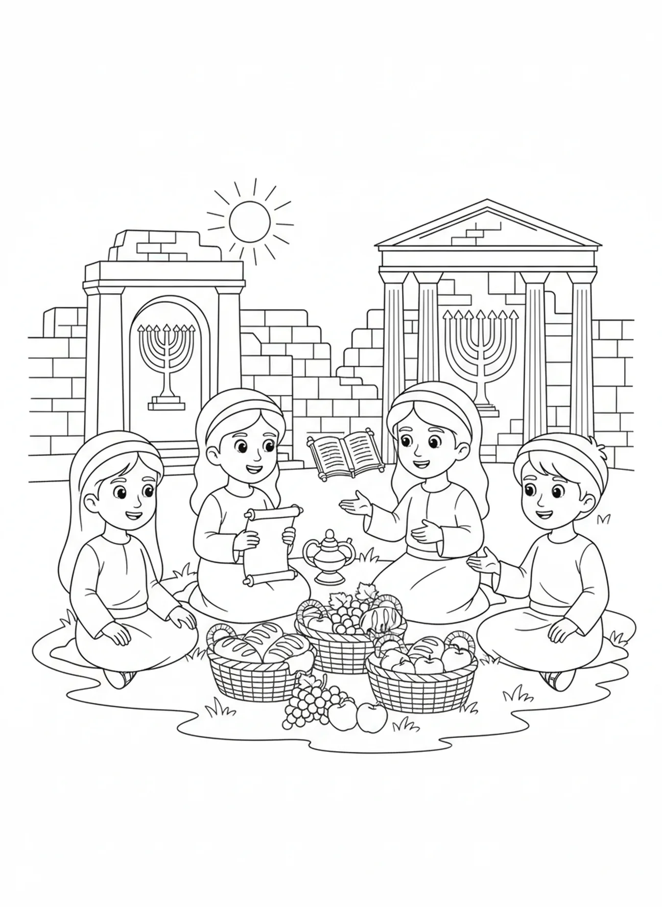 Amis partageant de la nourriture et des histoires, page à colorier du Mont Sion pour les enfants de l'École du dimanche âgés de 5 à 12 ans