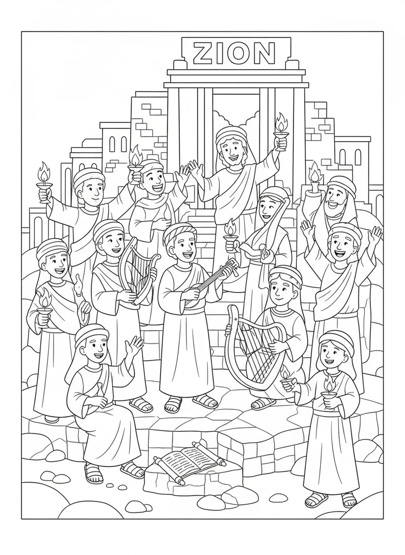 Croyants avec des lampes à huile, page à colorier du Mont Sion pour les enfants de l'École du dimanche âgés de 5 à 12 ans