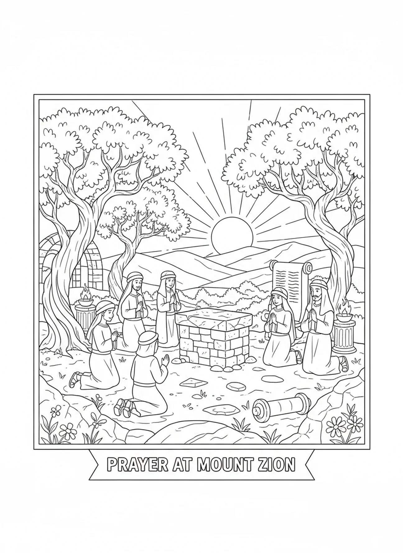 Groupe de personnes priant, page à colorier du Mont Sion pour les enfants de l'École du dimanche âgés de 5 à 12 ans