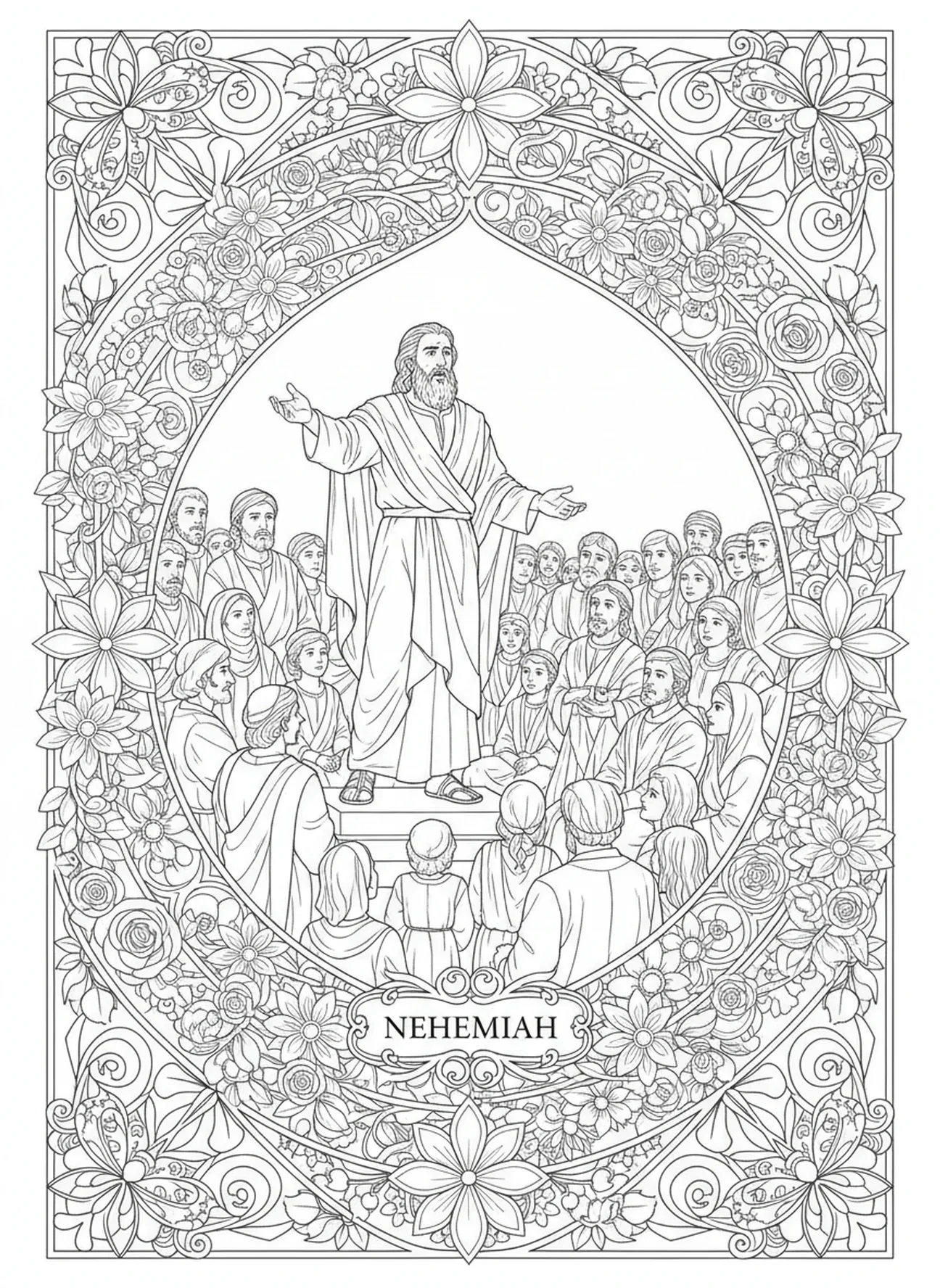Nehemiasz zachęcający ludzi, kolorowanka Nehemiasza dla dorosłych w stylu dziennika biblijnego.