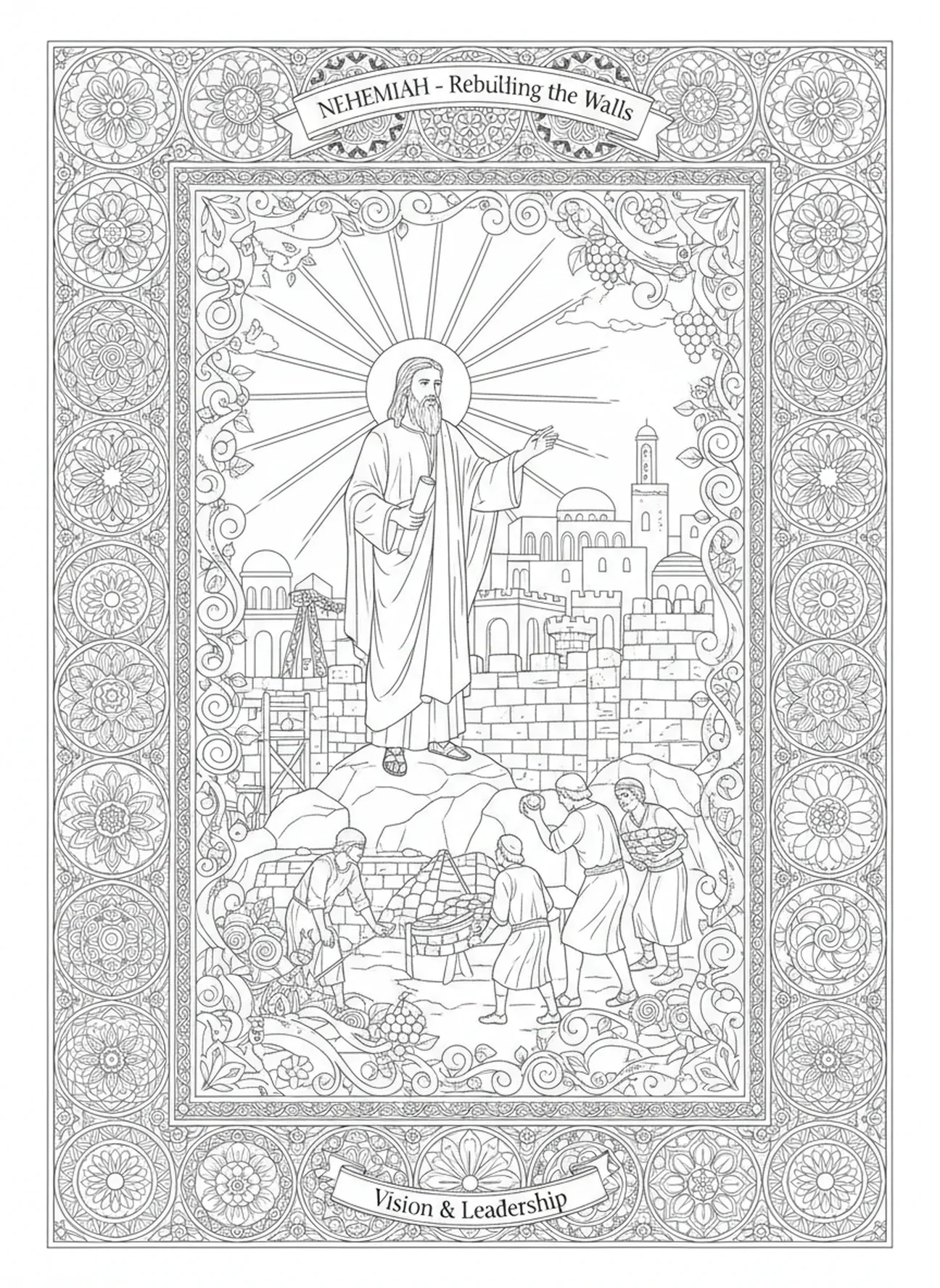Nehemiasz nadzorujący budowę, strona do kolorowania Nehemiasza w stylu dziennika biblijnego dla dorosłych.