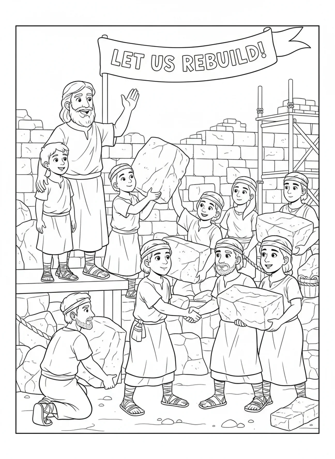 Nehemia ermutigt Arbeiter beim Heben von Steinen, Nehemia Ausmalbild für Kinder im Alter von 5-10 Jahren