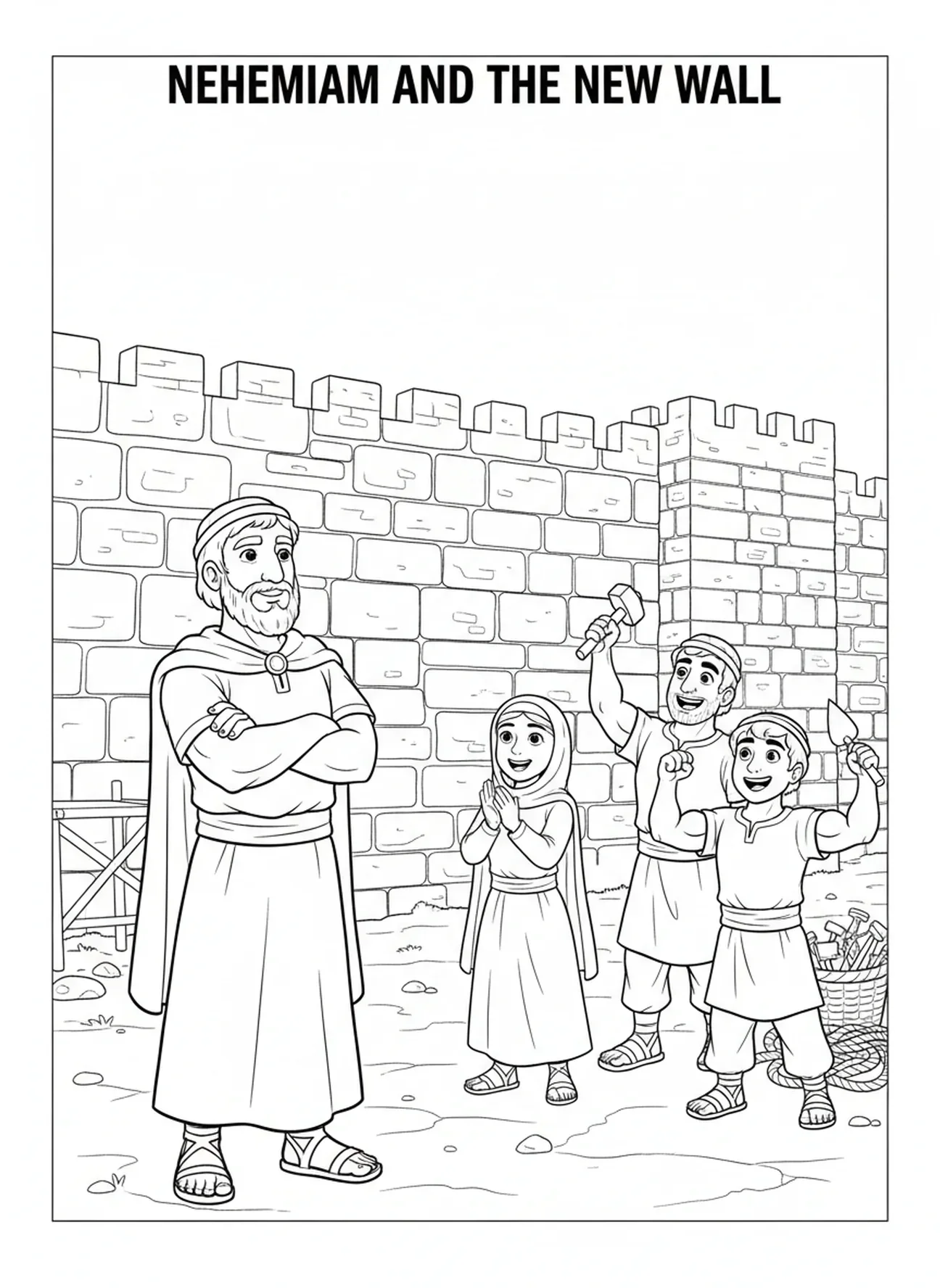 Nehemia inspiziert die Mauer mit Arbeitern, Nehemia Ausmalbild für Kinder im Alter von 5-10 Jahren