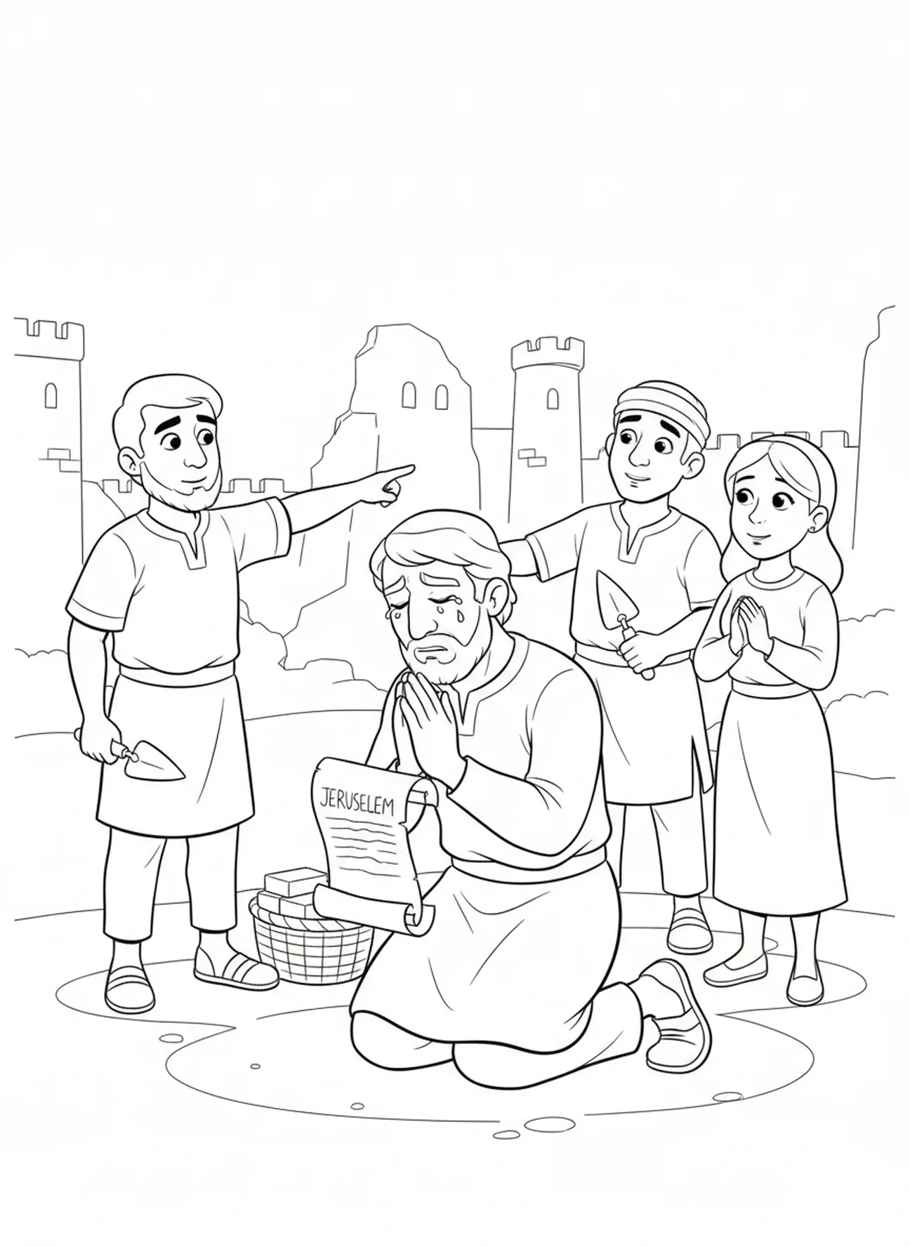 Nehemia betet mit Helfern, Nehemia Ausmalbild für Kinder im Alter von 5-10 Jahren