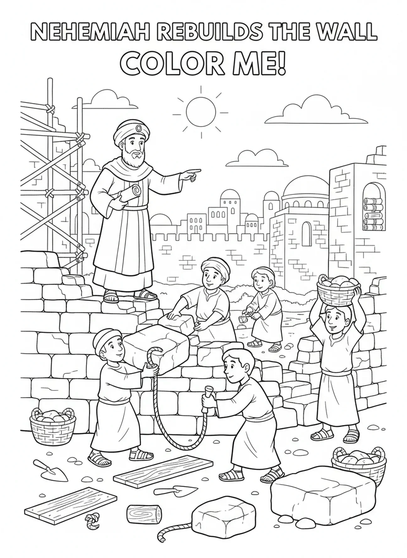 Nehemia beim Wiederaufbau der Mauern, Ausmalbild für die Sonntagsschule für Kinder im Alter von 5-12 Jahren