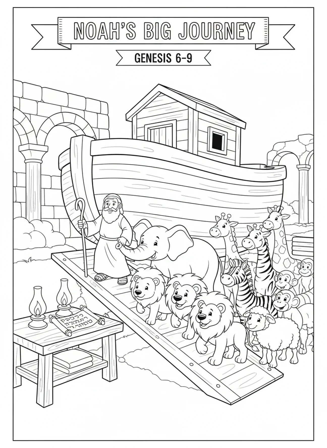 Animais em desenho animado embarcando na arca, página de colorir de Noé e sua família para crianças da Escola Dominical de 5 a 12 anos.