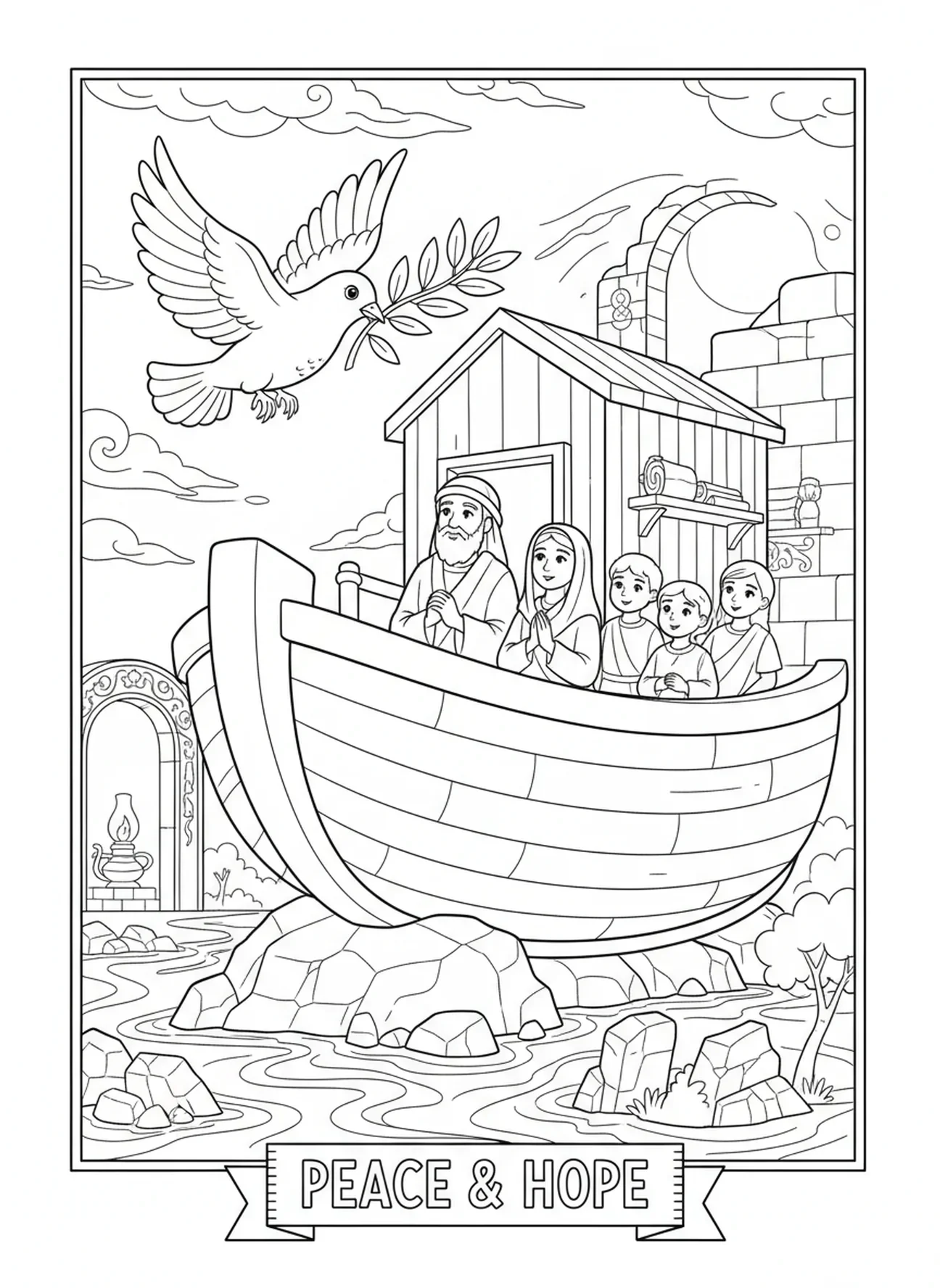 Pomba retornando com folha de oliveira, página para colorir de Noé e sua família para crianças da Escola Dominical de 5 a 12 anos.