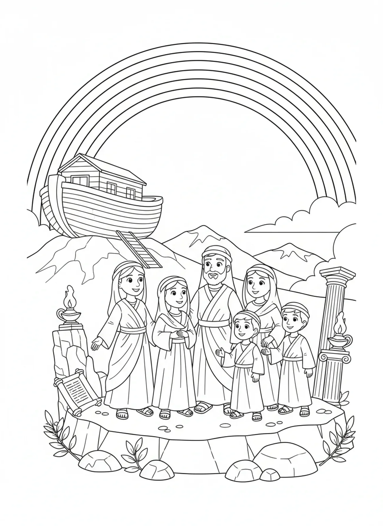 Arco-íris aparecendo sobre a arca, página para colorir de Noé e sua família para crianças da Escola Dominical de 5 a 12 anos.