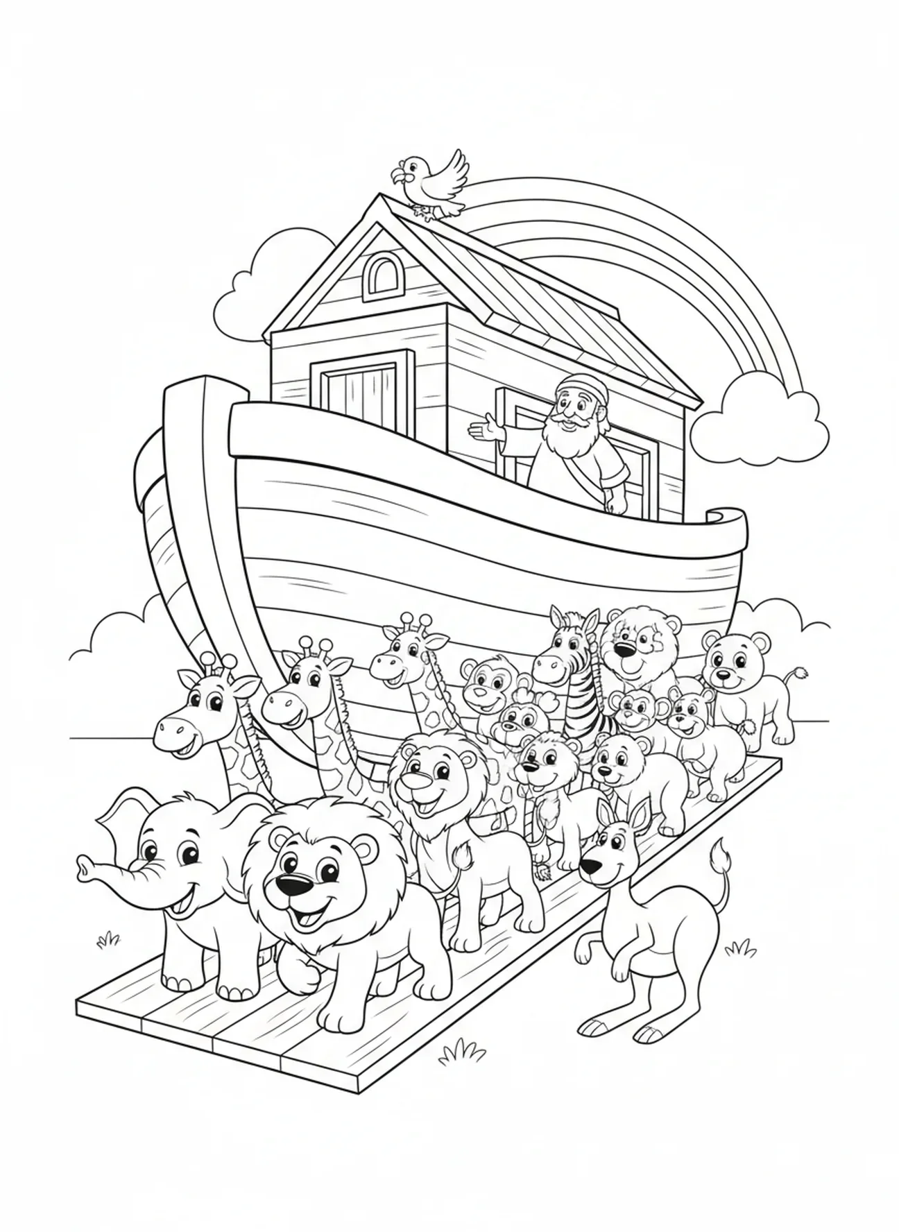 Paires d'animaux joueurs montant à bord, page à colorier de l'arc-en-ciel de Noé pour les enfants de 5 à 10 ans