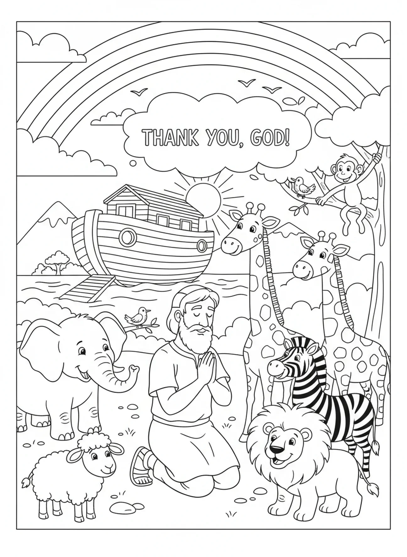 Noé à genoux en gratitude, page à colorier sur l'arc-en-ciel de Noé pour les enfants de 5 à 10 ans