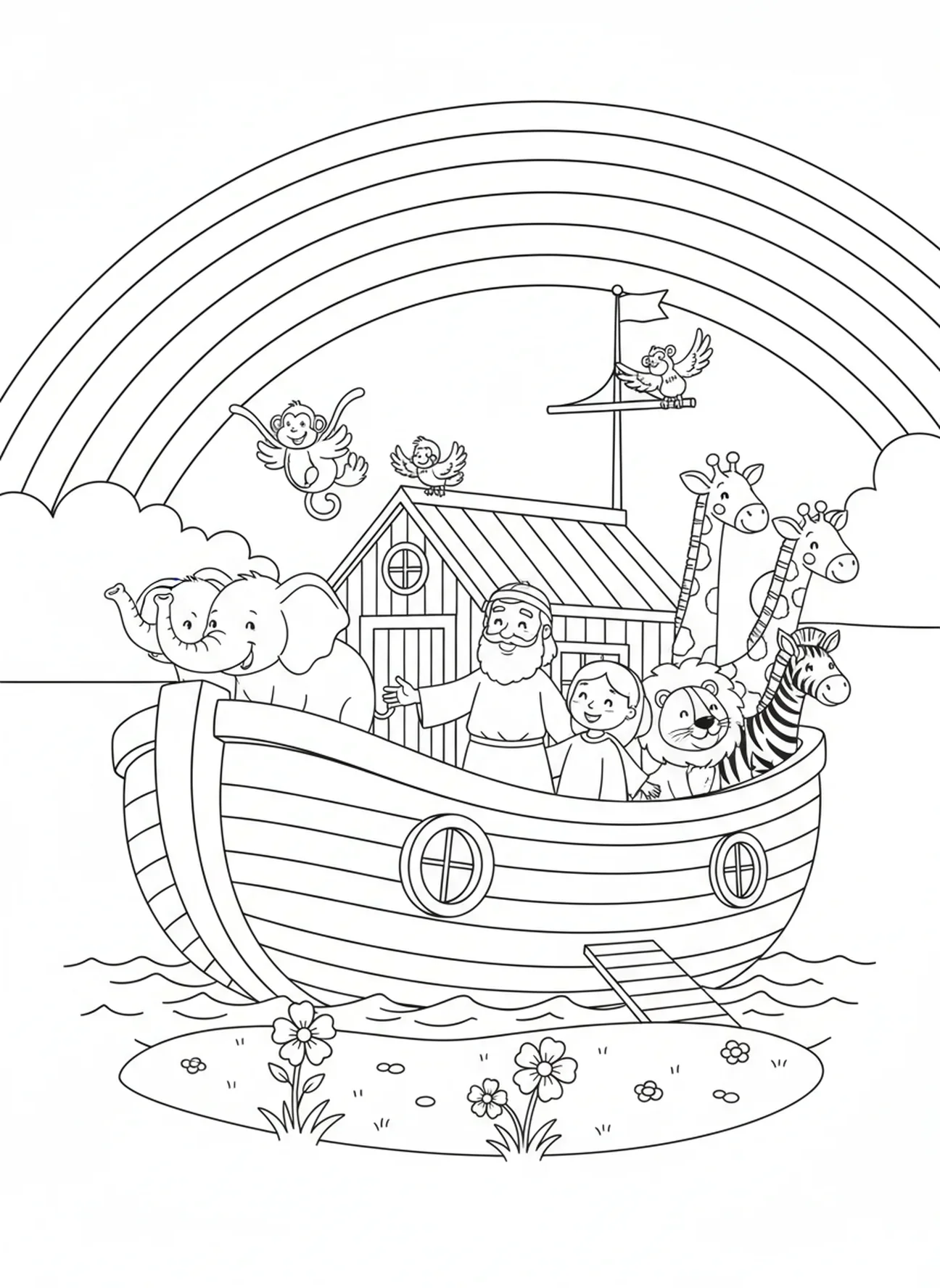 Un arc-en-ciel vibrant au-dessus de l'arche, page à colorier de Noé pour les enfants de 5 à 10 ans