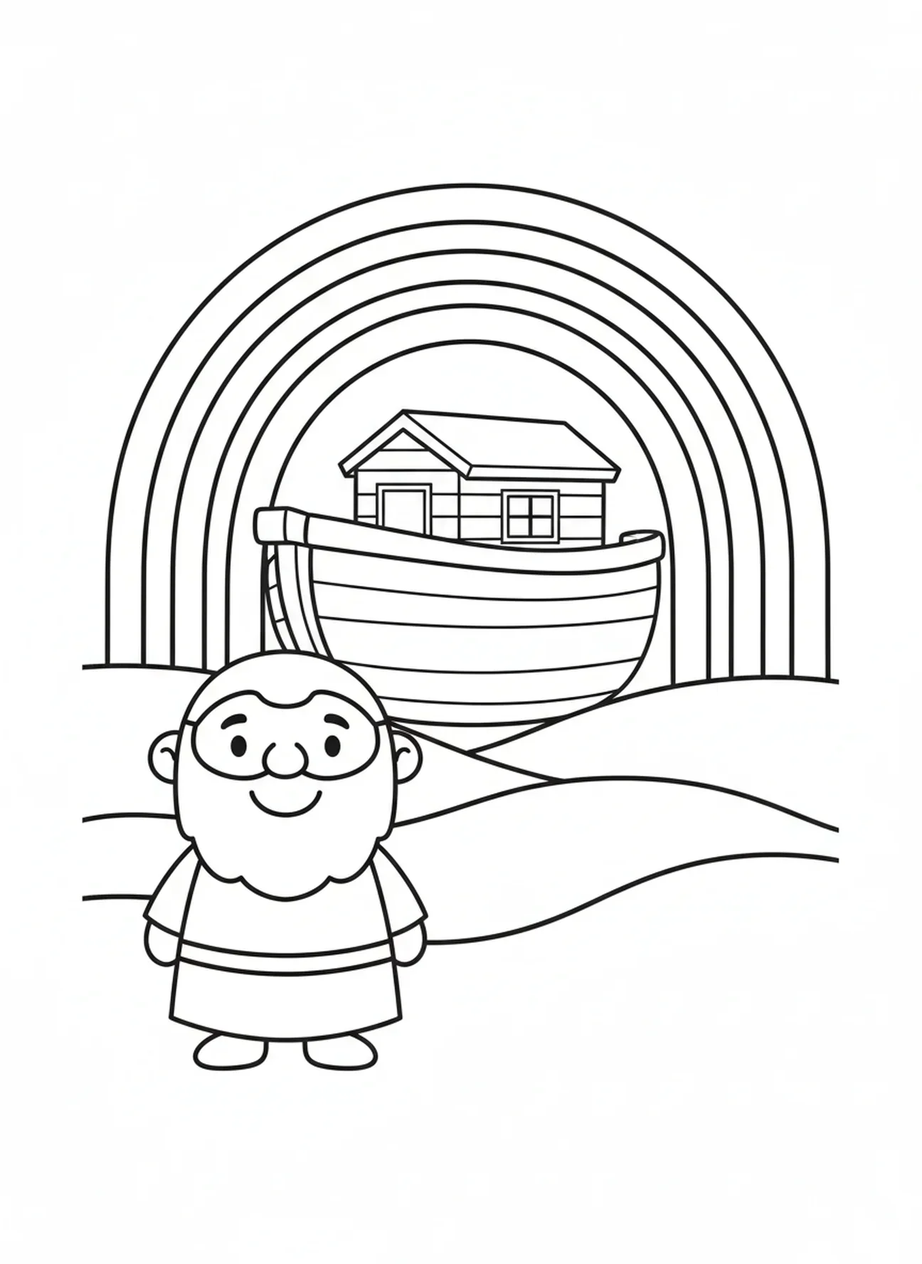 Arc-en-ciel au-dessus de Noé, page à colorier sur Noé pour les enfants d'âge préscolaire de 3 à 5 ans
