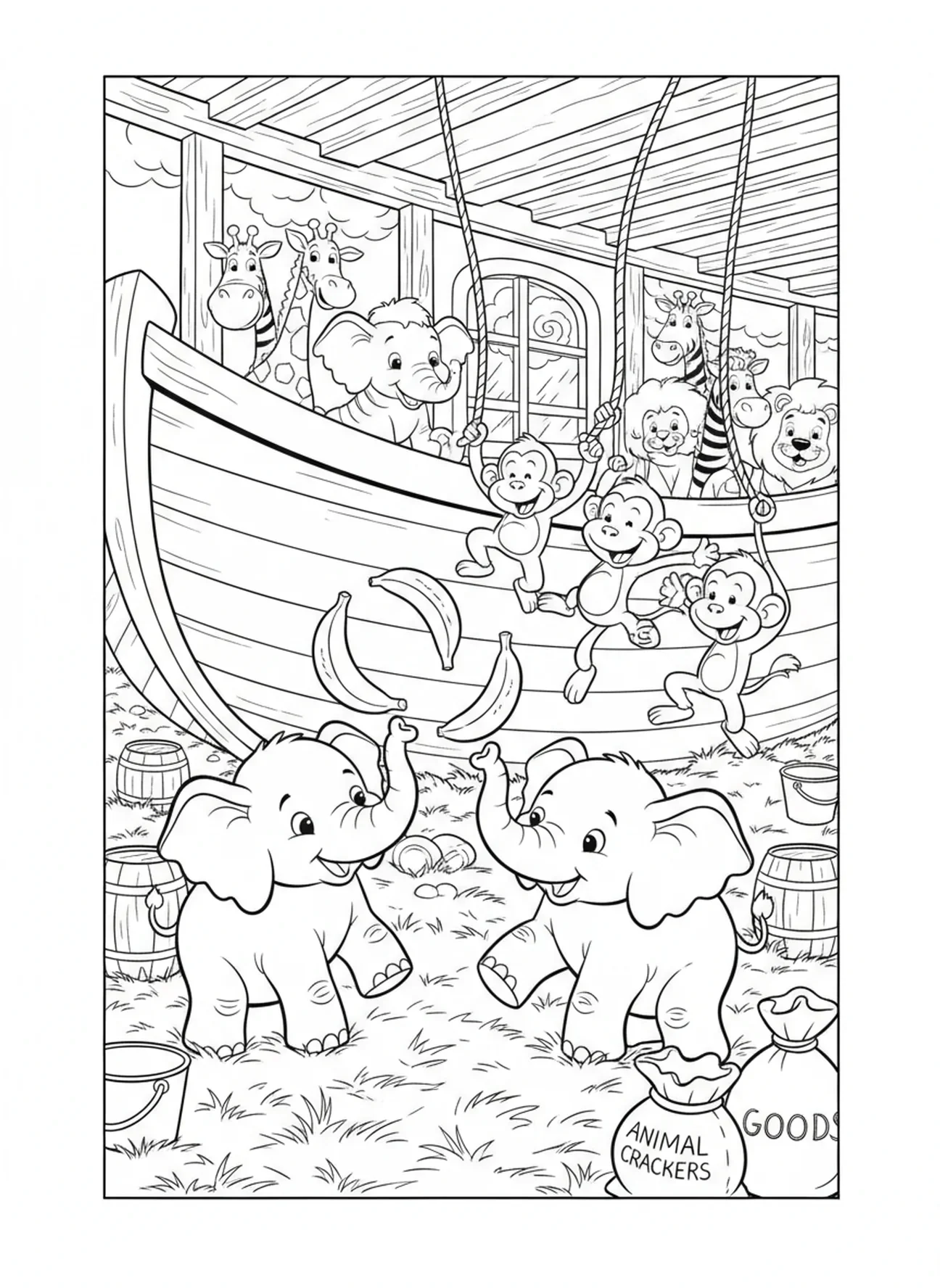 Éléphants et singes à l'intérieur de l'arche, page à colorier des Animaux de l'Arche de Noé 2 par 2 pour les enfants de 5 à 10 ans