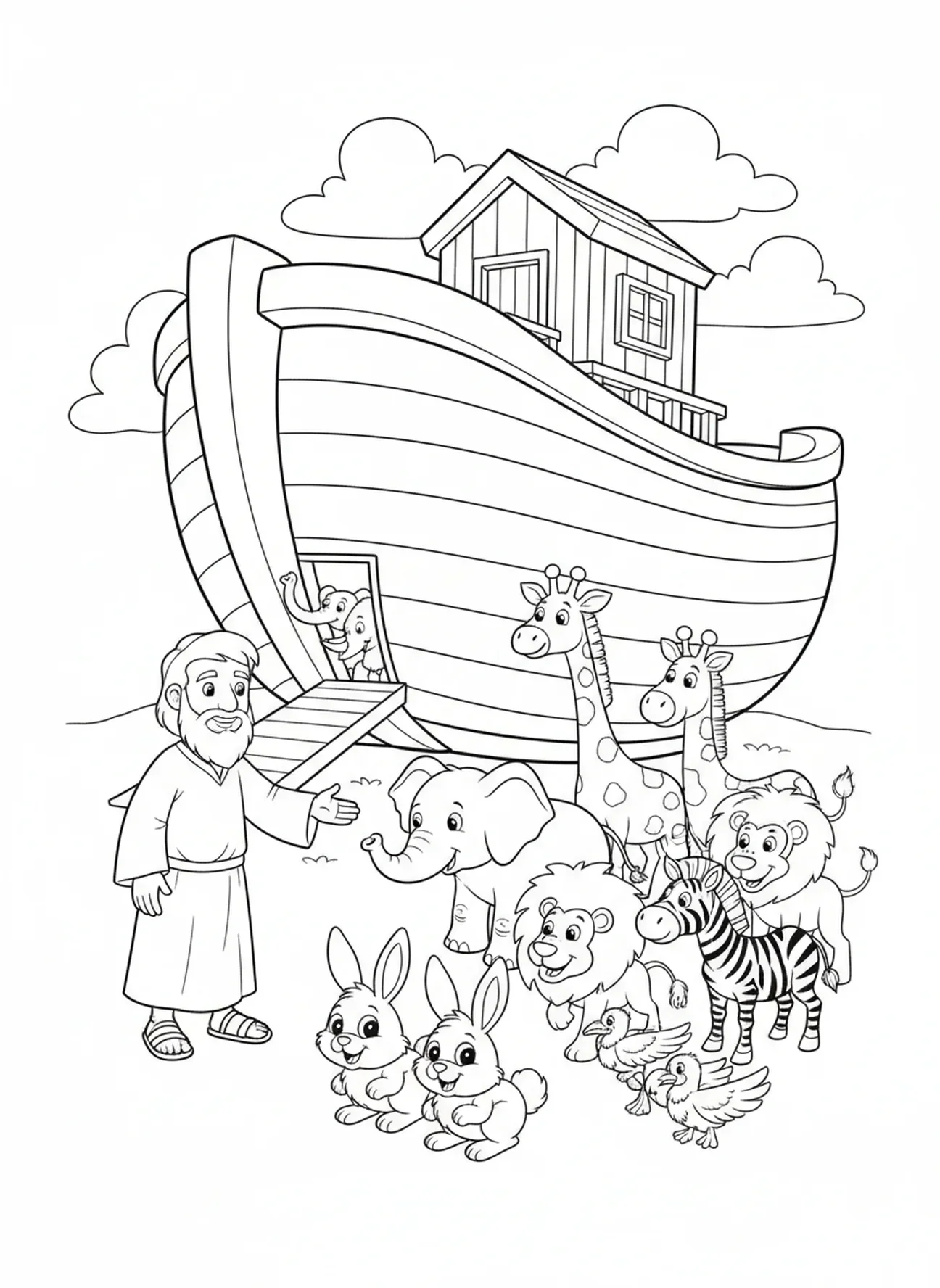 Noé appelant des lapins, page à colorier des animaux de l'Arche de Noé 2 par 2 pour les enfants de 5 à 10 ans