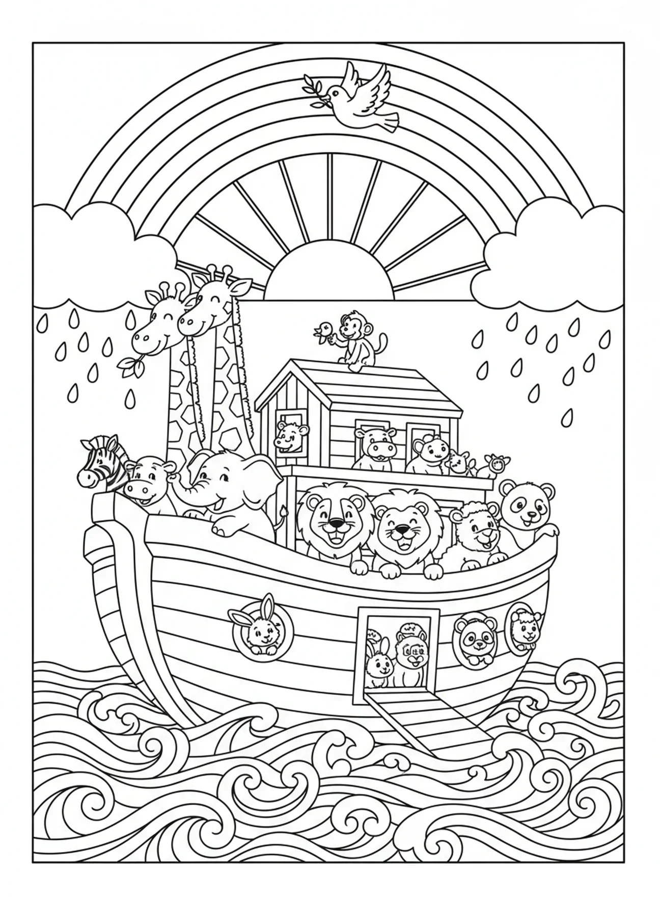 Arc-en-ciel au-dessus de l'arche de Noé, page à colorier Animaux de l'Arche de Noé 2 par 2 pour les enfants de 5 à 10 ans