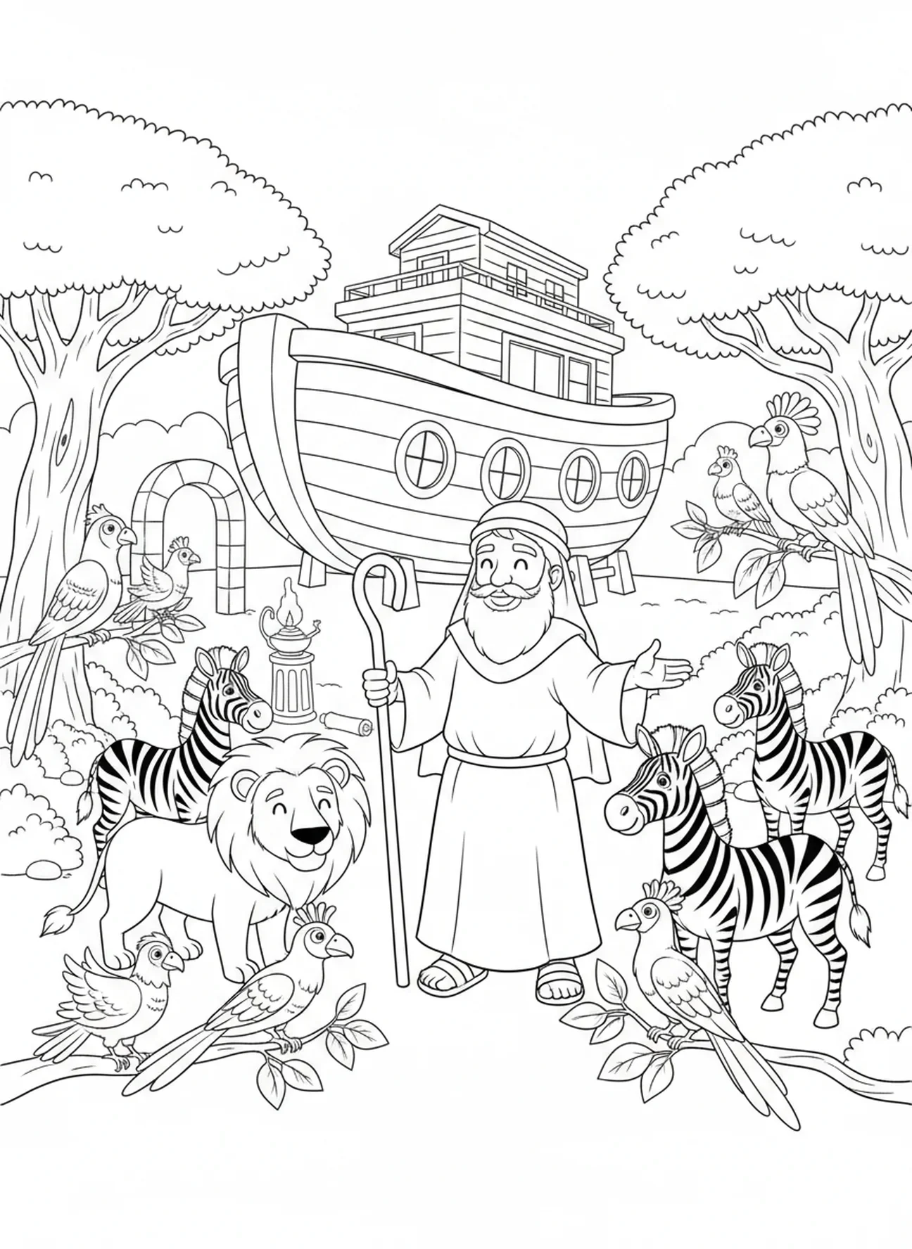 Tierpaare um Noah, Ausmalbild von Noahs Arche mit Tieren 2 zu 2 für Kinder in der Sonntagsschule im Alter von 5-12 Jahren.
