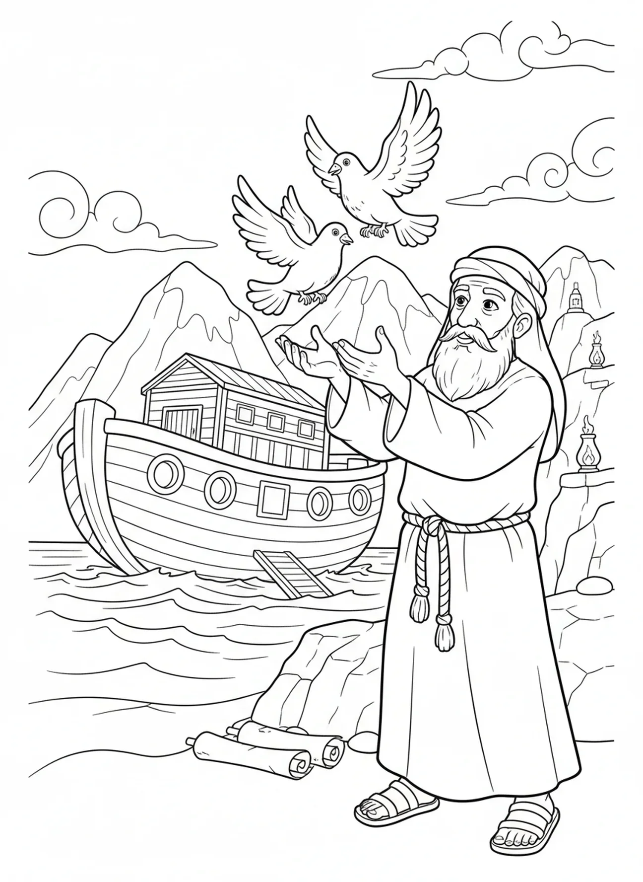 Noah, der zwei Tauben freilässt, Malvorlage von Noahs Arche mit Tieren 2 zu 2 für Sonntagsschulkinder im Alter von 5-12 Jahren.