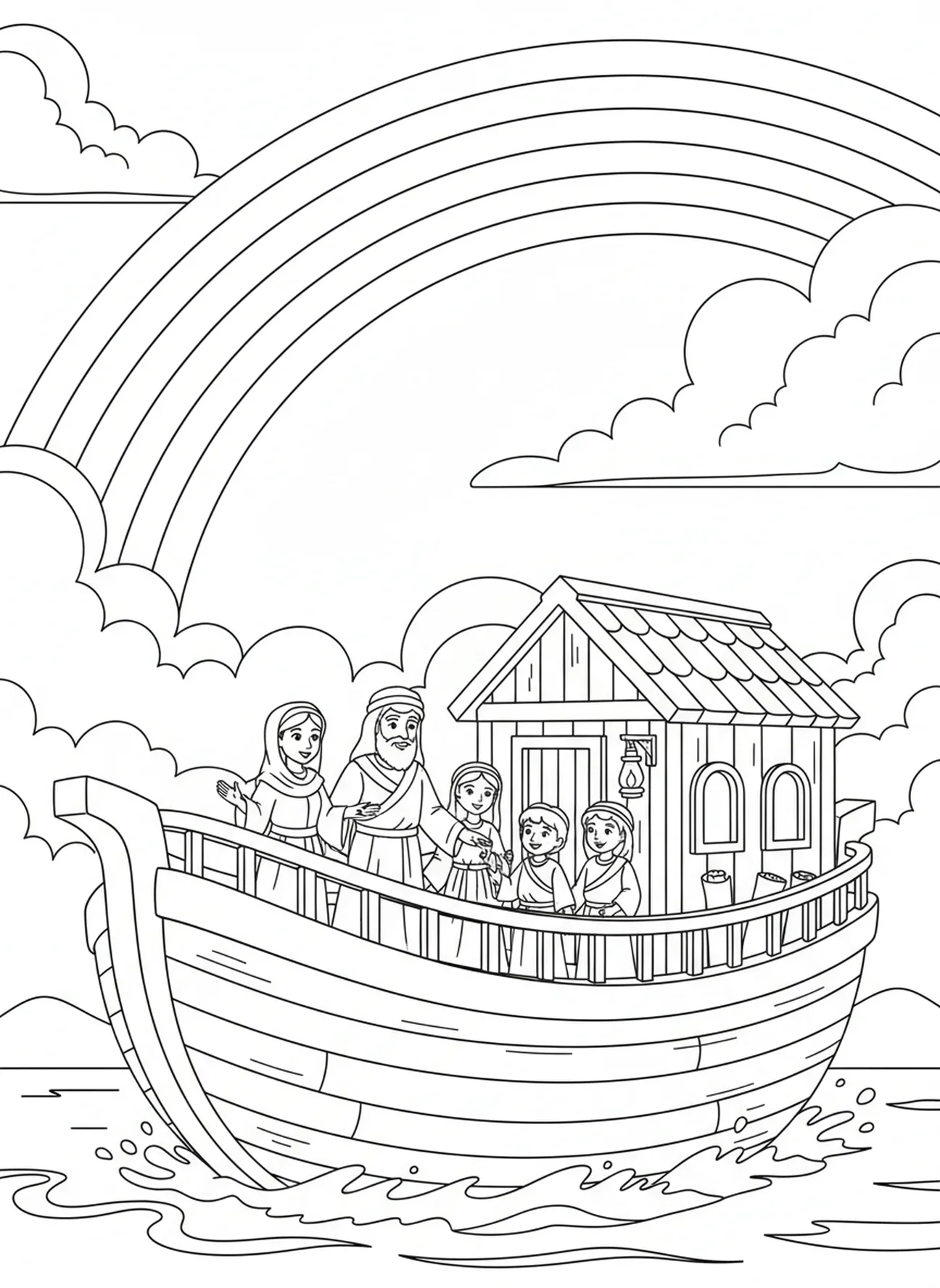 Noah und seine Familie unter einem Regenbogen, Ausmalbild von Noahs Arche mit Tieren 2 nach 2 für Sonntagsschulkinder im Alter von 5-12 Jahren.