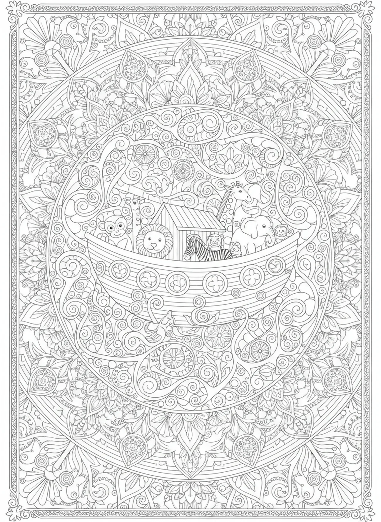 Animales en el arca, página para colorear de la paloma del arca de Noé con rama de olivo, estilo de journaling bíblico para adultos.