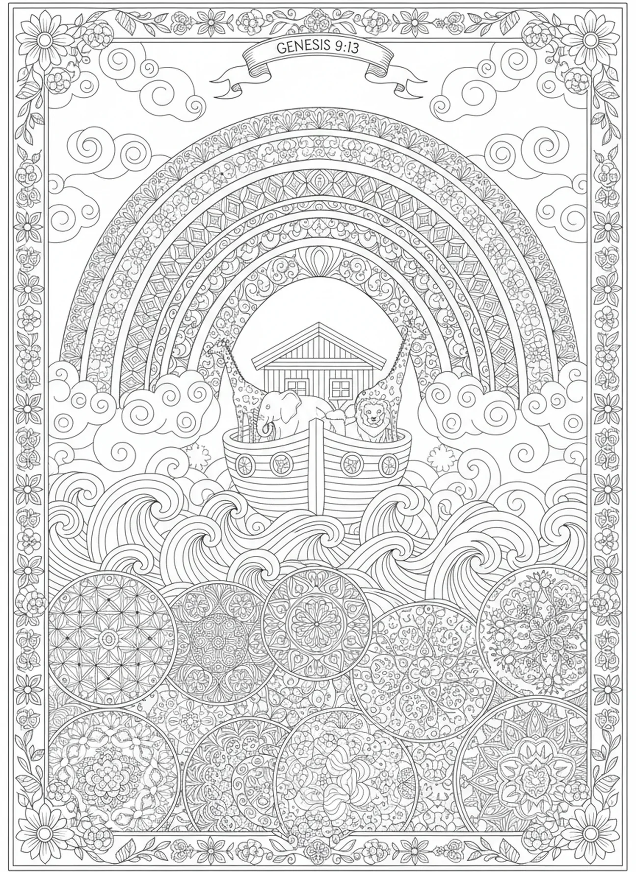 Arcoíris sobre el arca, página para colorear de la paloma del Arca de Noé con rama de olivo, estilo de journaling bíblico para adultos.