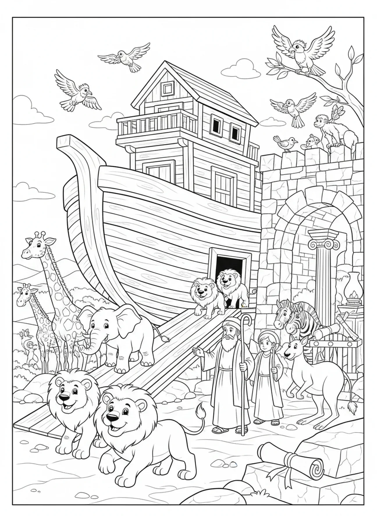 Paire d'éléphants montant à bord de l'arche, page à colorier de la colombe de Noé avec une branche d'olivier pour les enfants de l'École du dimanche âgés de 5 à 12 ans.