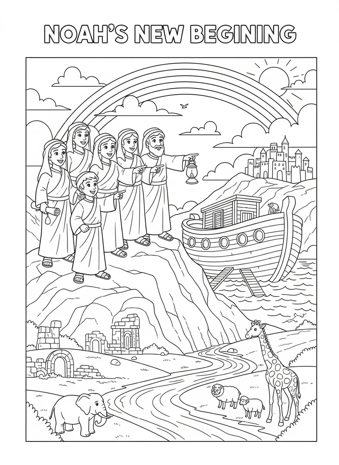 Noé et sa famille sur la montagne, page à colorier de la colombe de l'Arche de Noé avec une branche d'olivier pour les enfants de l'École du dimanche âgés de 5 à 12 ans.