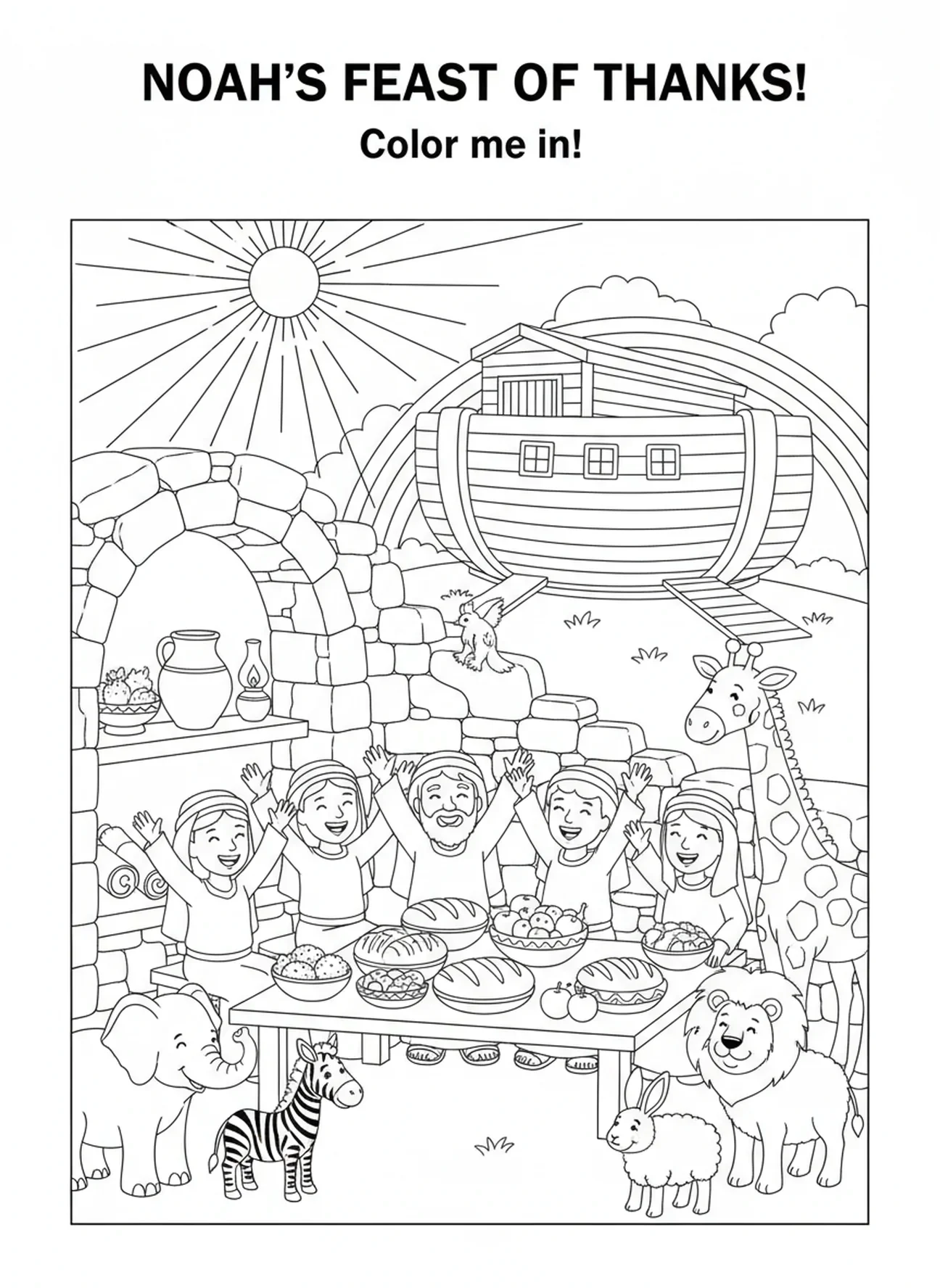 La famille de Noé célébrant, page à colorier de la colombe de l'Arche de Noé avec une branche d'olivier pour les enfants de l'École du dimanche âgés de 5 à 12 ans.