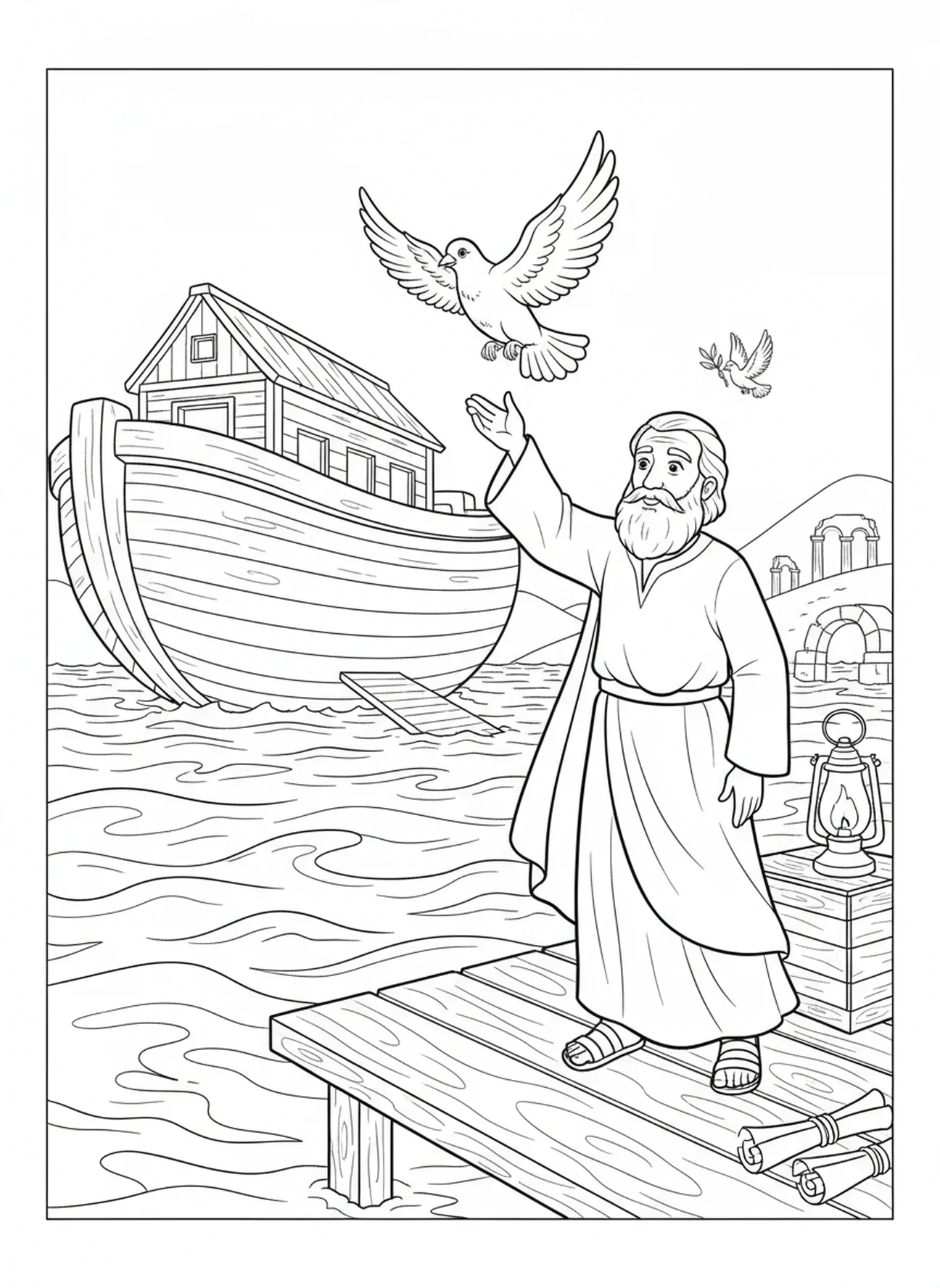 Colombe volant au-dessus de l'arche, page à colorier Colombe de l'Arche de Noé avec une branche d'olivier pour les enfants de l'École du dimanche âgés de 5 à 12 ans.
