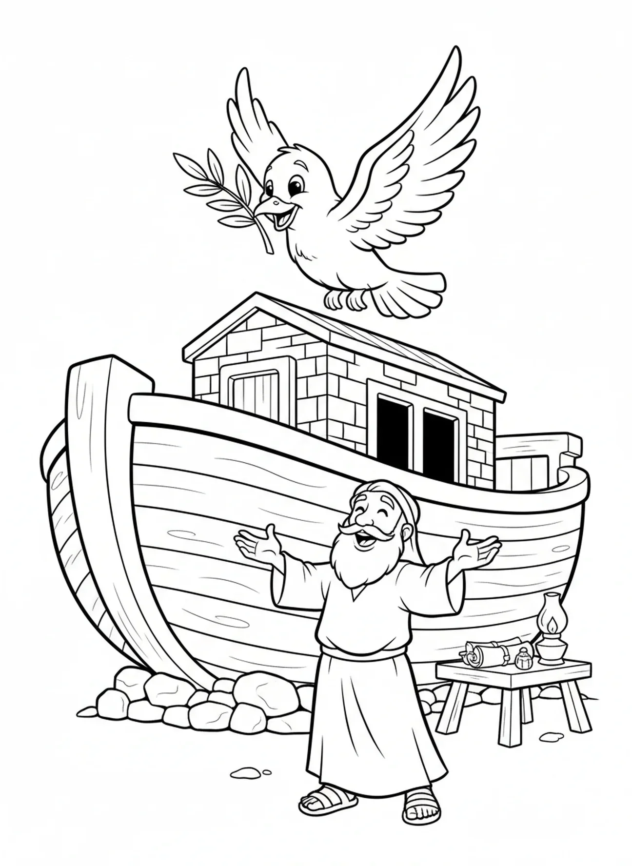 Colombe avec une branche d'olivier, page à colorier de la colombe de l'Arche de Noé pour les enfants de l'École du dimanche âgés de 5 à 12 ans.
