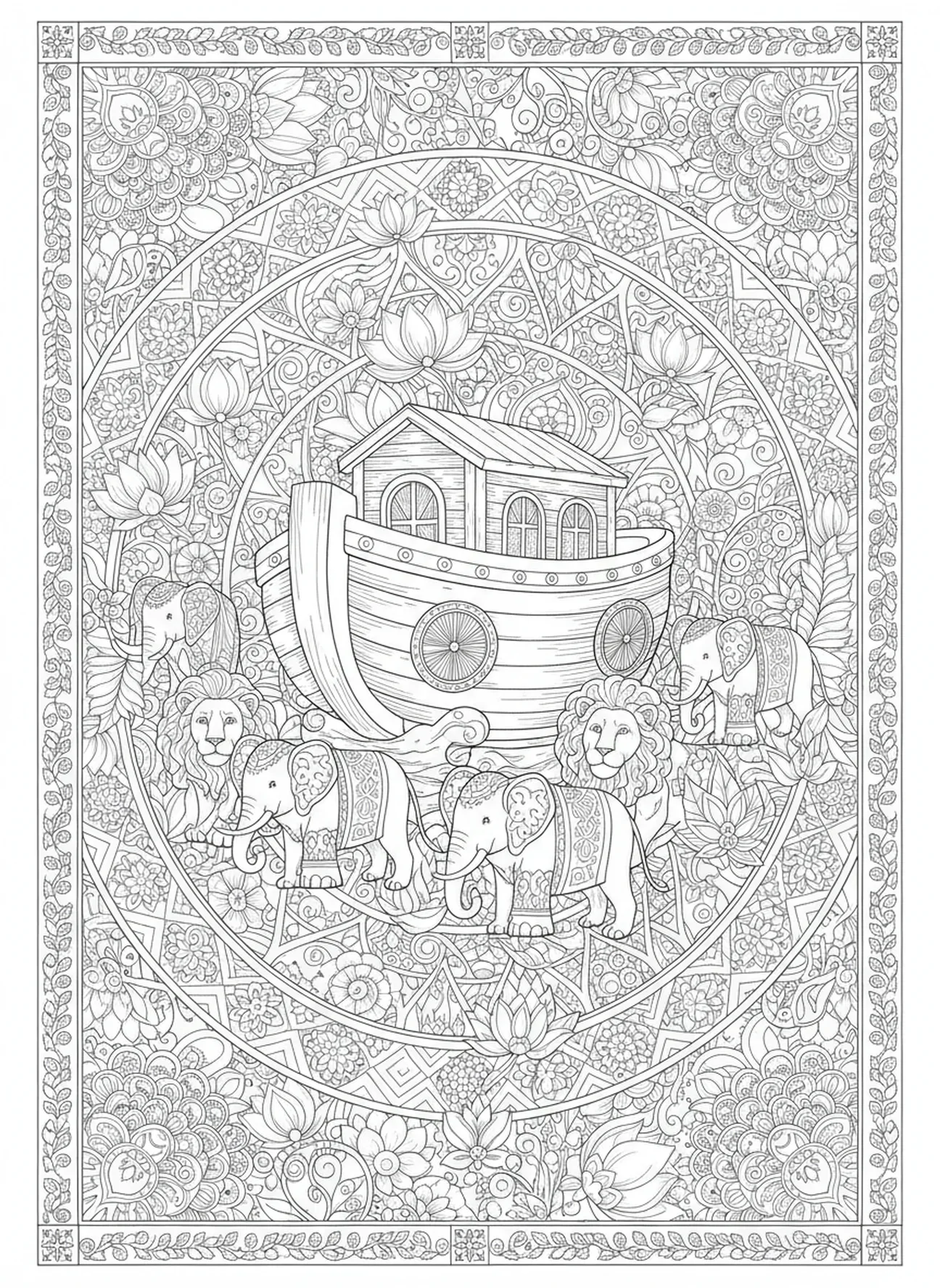Par de elefantes e leões, Arca de Noé, página de colorir para adultos no estilo de journaling bíblico.