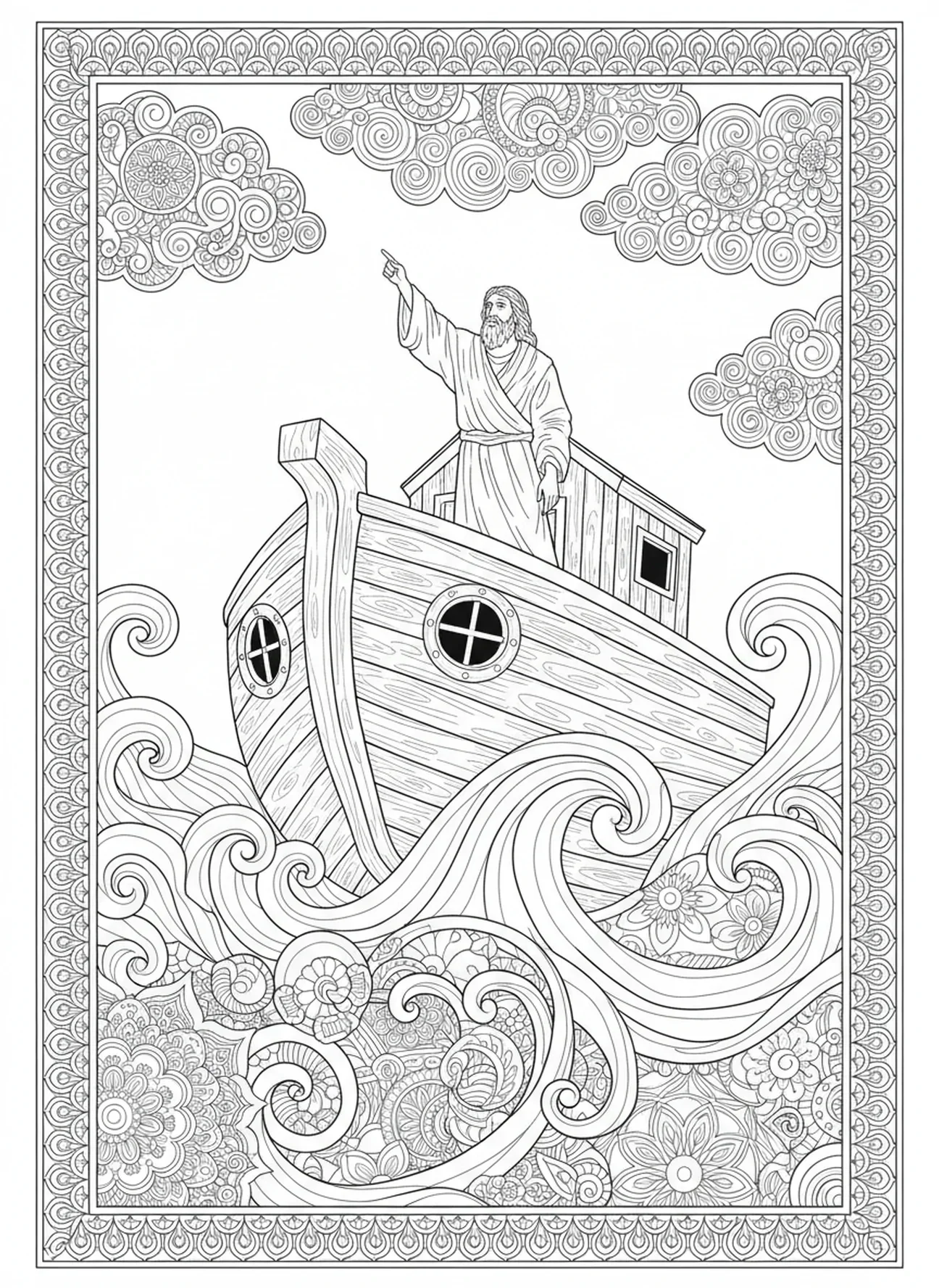 Noé apontando para o céu, página para colorir sobre a Arca de Noé, estilo de journaling bíblico para adultos.