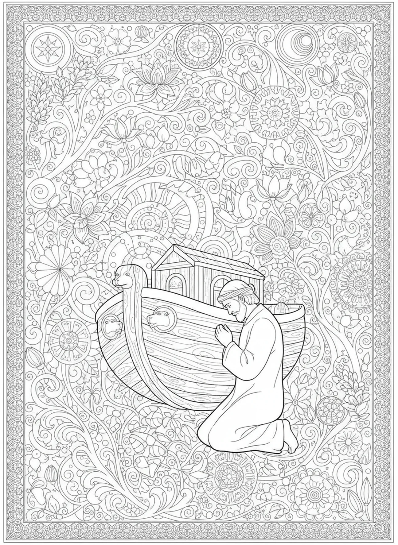 Noé ajoelhado em oração, Arca de Noé, página para colorir Noé construindo a arca no estilo de journaling bíblico para adultos.