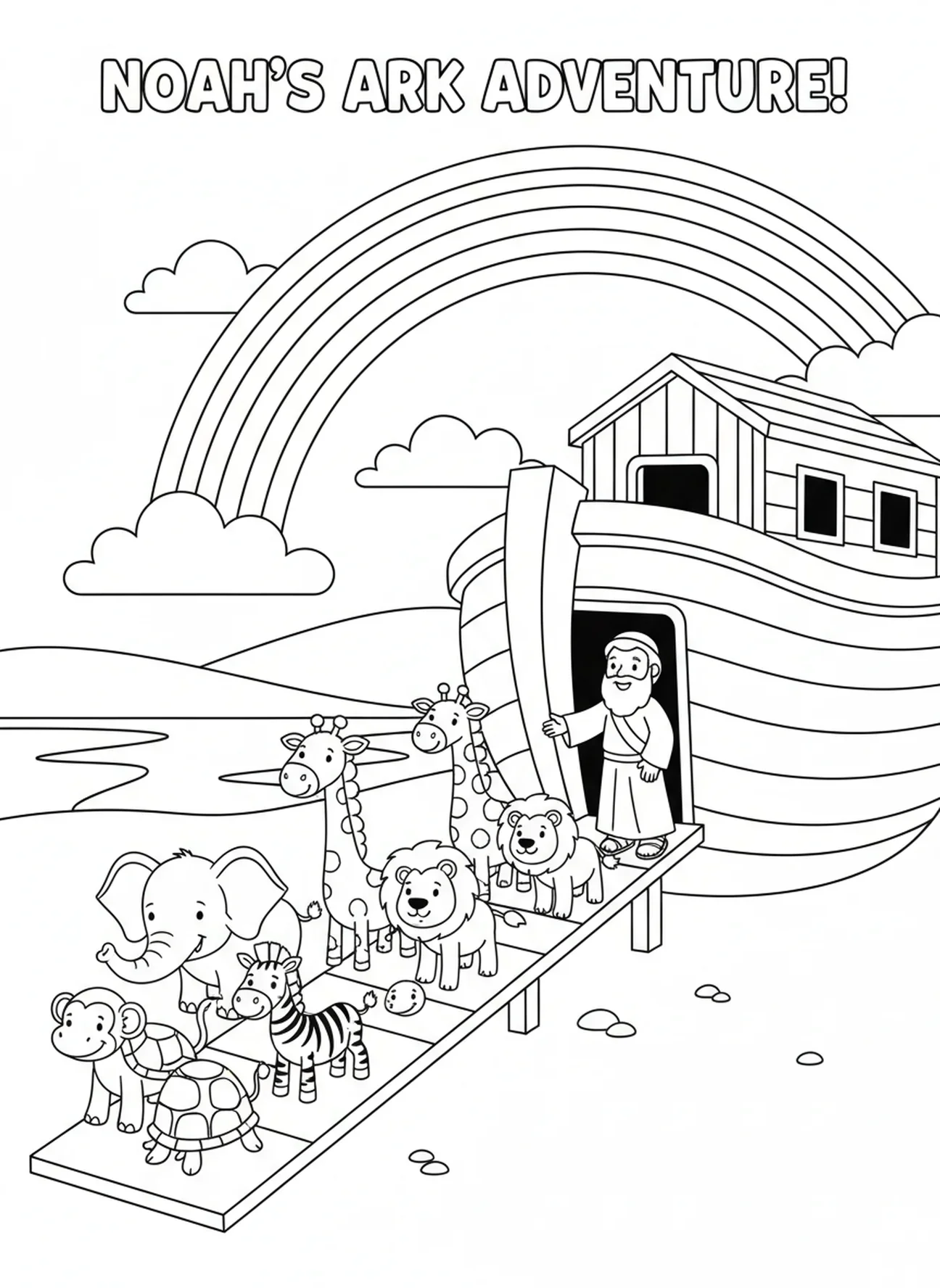 Animaux montant à bord de l'arche, page à colorier de l'arche de Noé pour les enfants de 5 à 10 ans.