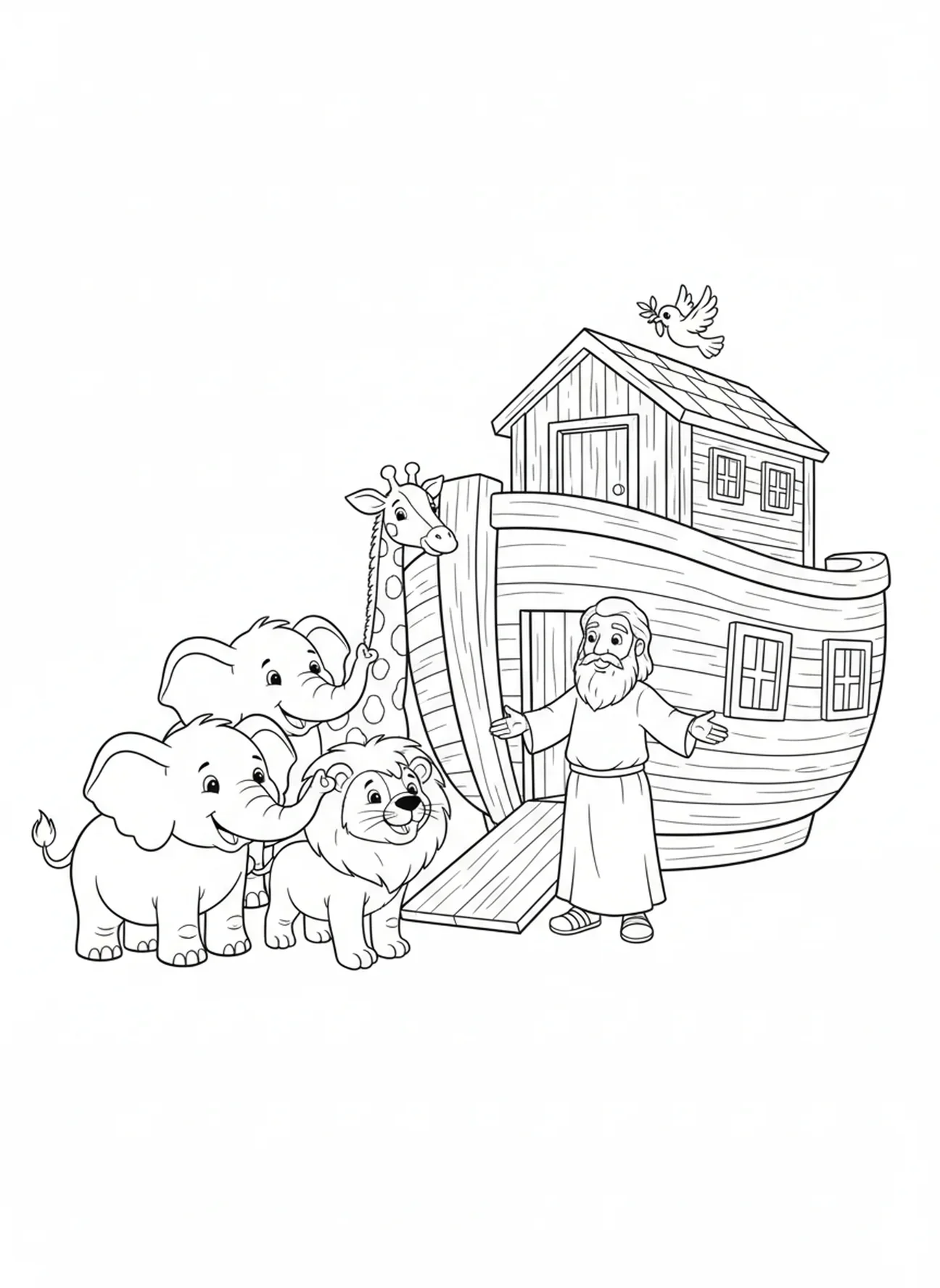 Paire d'éléphants, page à colorier de l'Arche de Noé et de Noé construisant l'Arche pour les enfants de 5 à 10 ans.