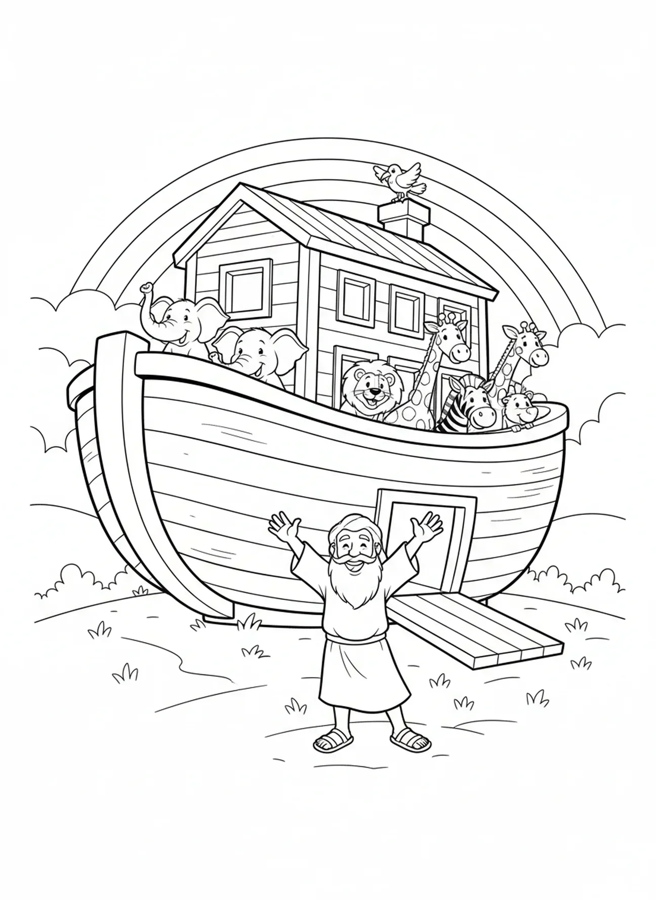 Arche terminée, page à colorier de l'Arche de Noé pour les enfants de 5 à 10 ans.