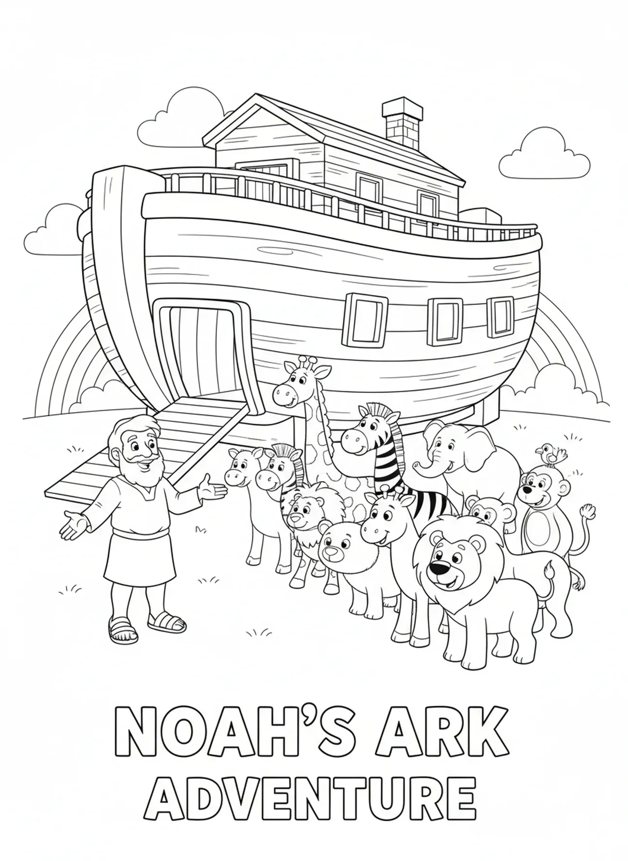 Noé dirigeant les animaux, page à colorier de la construction de l'Arche de Noé pour les enfants de 5 à 10 ans.