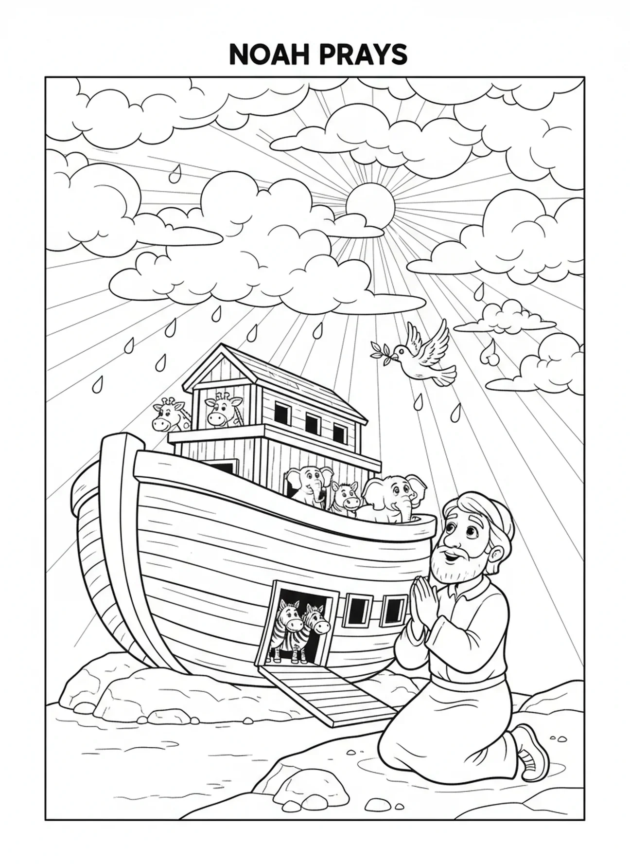 Noé en prière, coloriage de Noé construisant l'Arche pour les enfants de 5 à 10 ans.